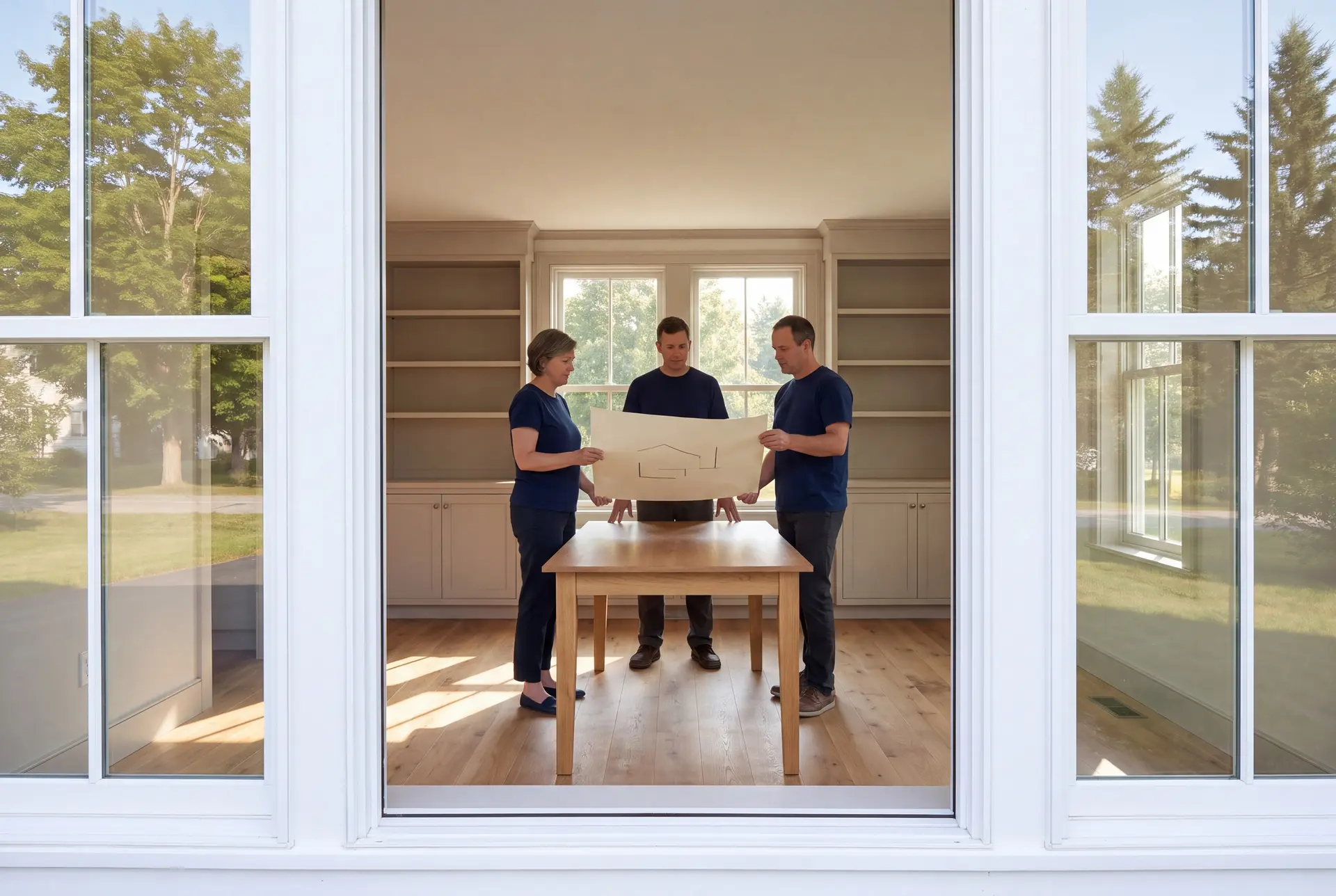 Illustration: Three adults in a finished living room looking at architectural plans on an oak table