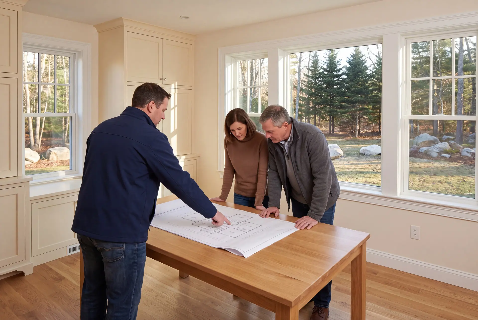 Illustration: Three adults, a builder and two homeowners, review a floor plan on an oak table in a finished living room with ivory cabinetry, white-trimmed windows, and oak floors