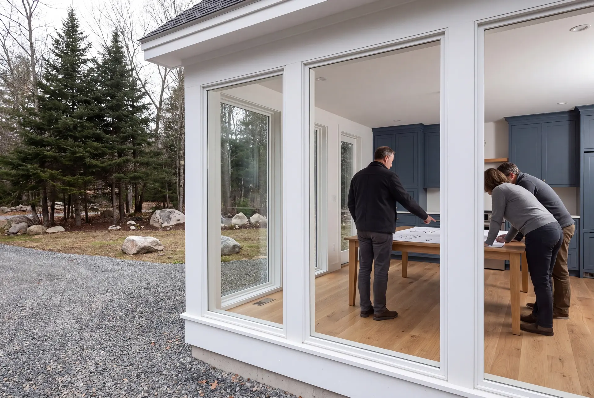 Illustration: Three people, a builder and two homeowners, review floor plans on an oak table in a finished living room with blue cabinets and oak floors, seen through large windows