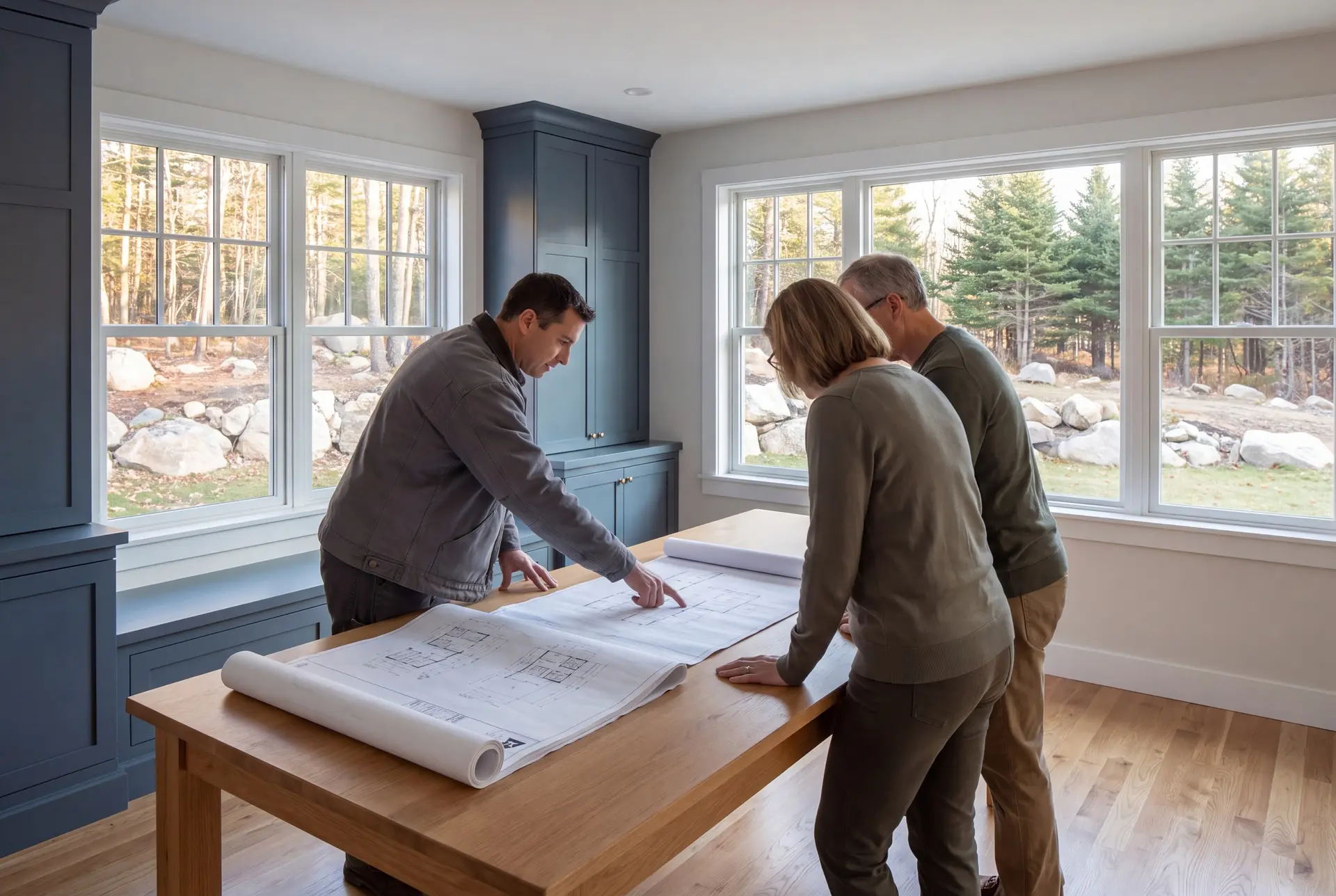 Illustration: Three people, a man and two others, review architectural blueprints on a wooden table in a room with blue cabinets, oak floors, and large windows overlooking a natural landscape