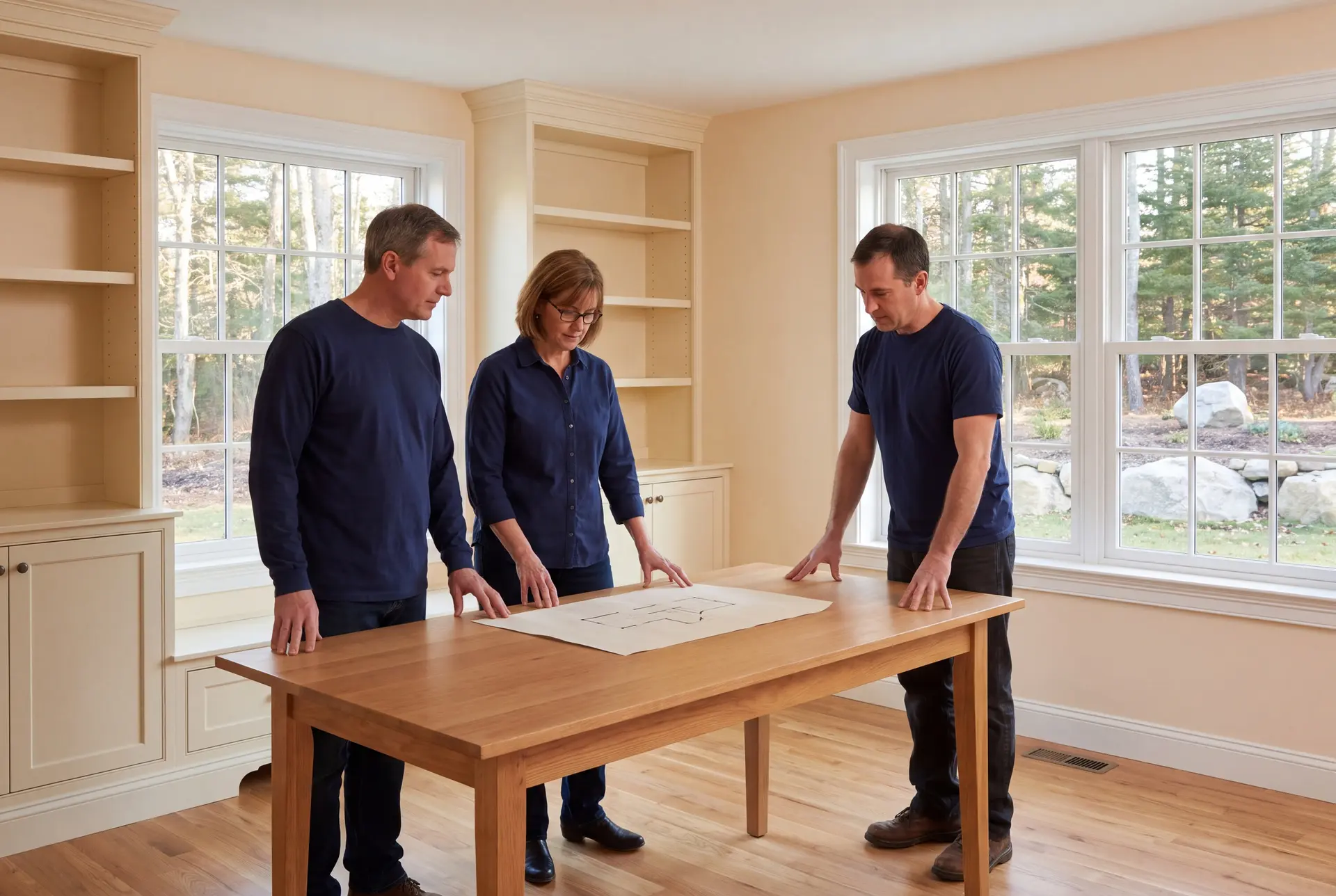 Illustration: Three people, two men and one woman, stand around a wooden table in a bright room with large windows and built-in shelving, looking down at a blueprint