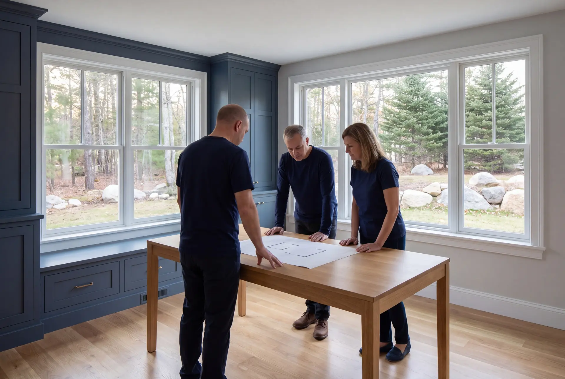 Illustration: Three people in navy shirts and dark pants stand around a light wood table, looking at a blueprint in a room with blue built-in cabinets, wood floors, and large windows