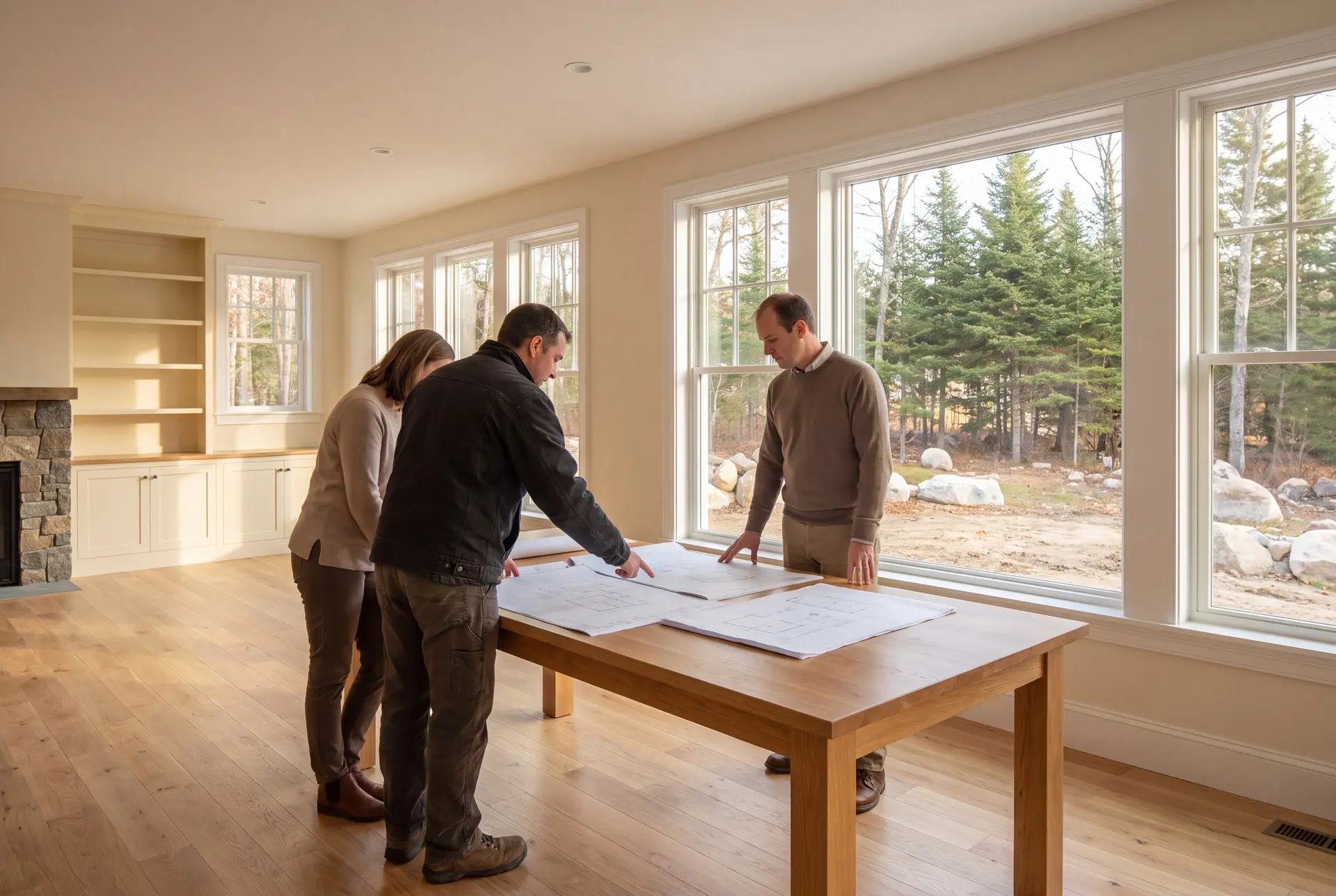 Illustration: Three people, a builder and two homeowners, review architectural drawings on an oak table in a bright, finished living room with large windows overlooking a natural landscape