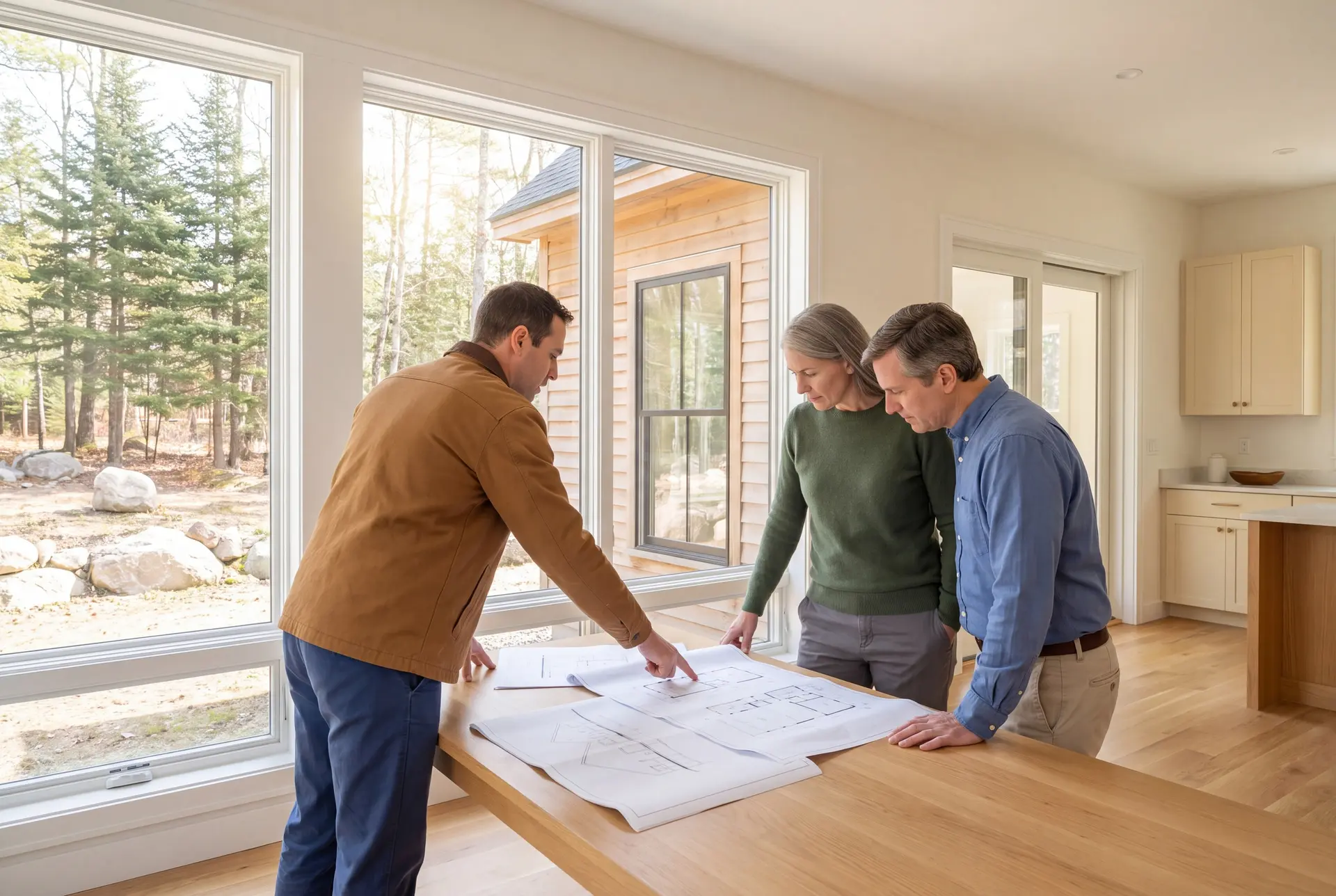 Illustration: Three people, a builder and two homeowners, reviewing architectural drawings on a table in a finished living room with large windows and oak floors