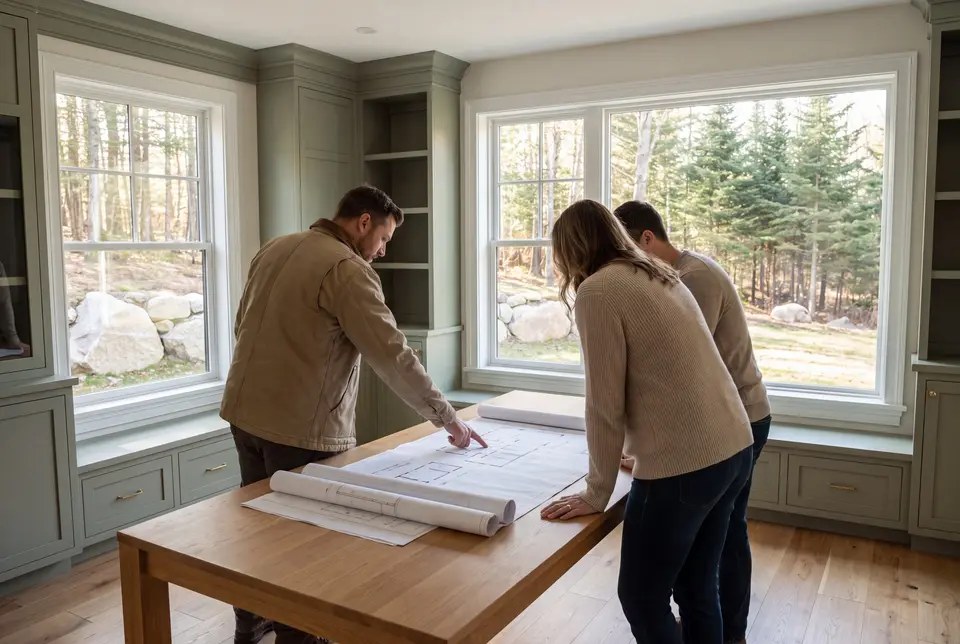 Illustration: Three adults, a builder and two homeowners, reviewing floor plans on an oak table in a finished living room with sage green cabinetry and large windows