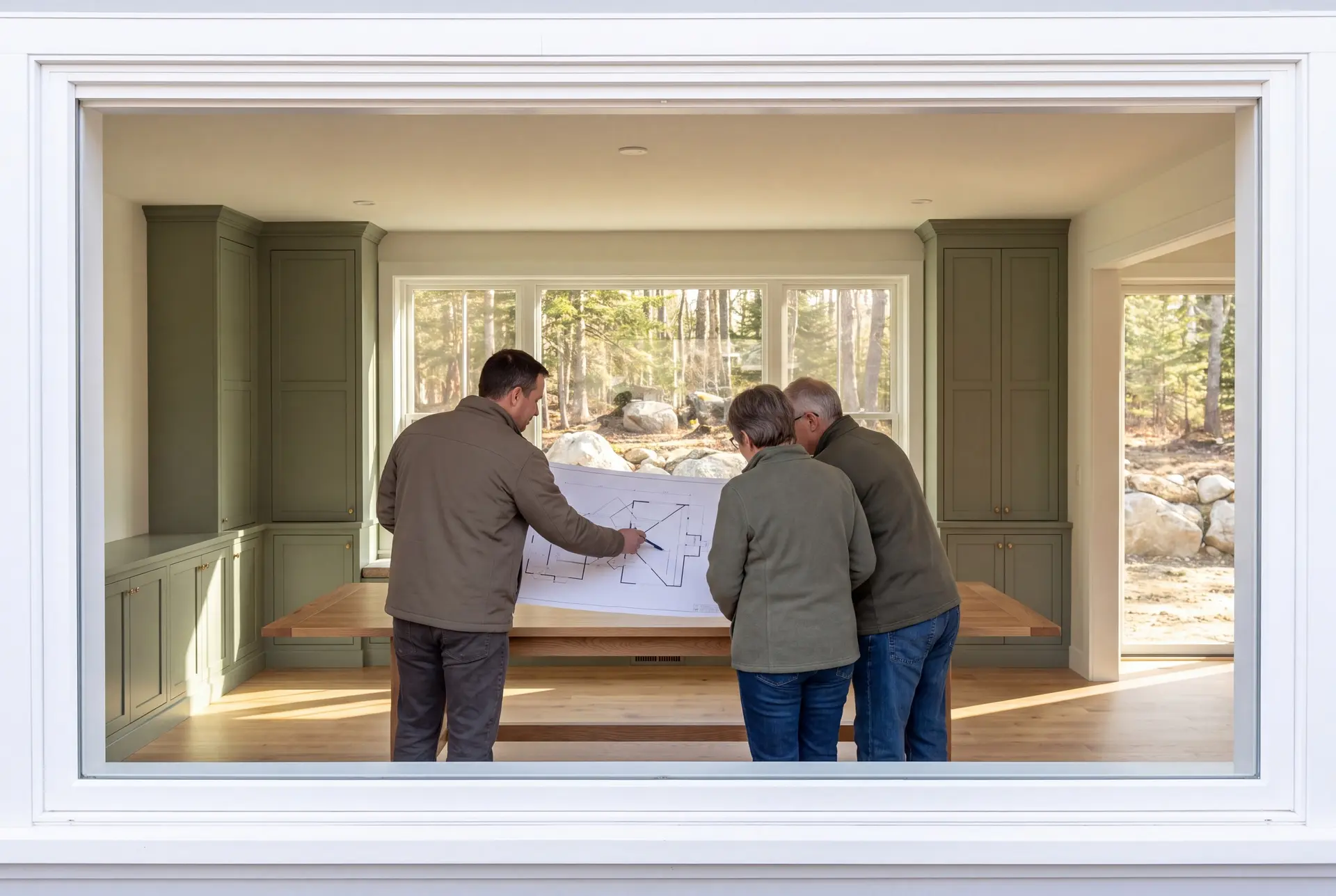 Illustration: Three people, a builder and two homeowners, reviewing architectural drawings on an oak table in a finished living room with sage green cabinets and oak floors, seen through a white window frame