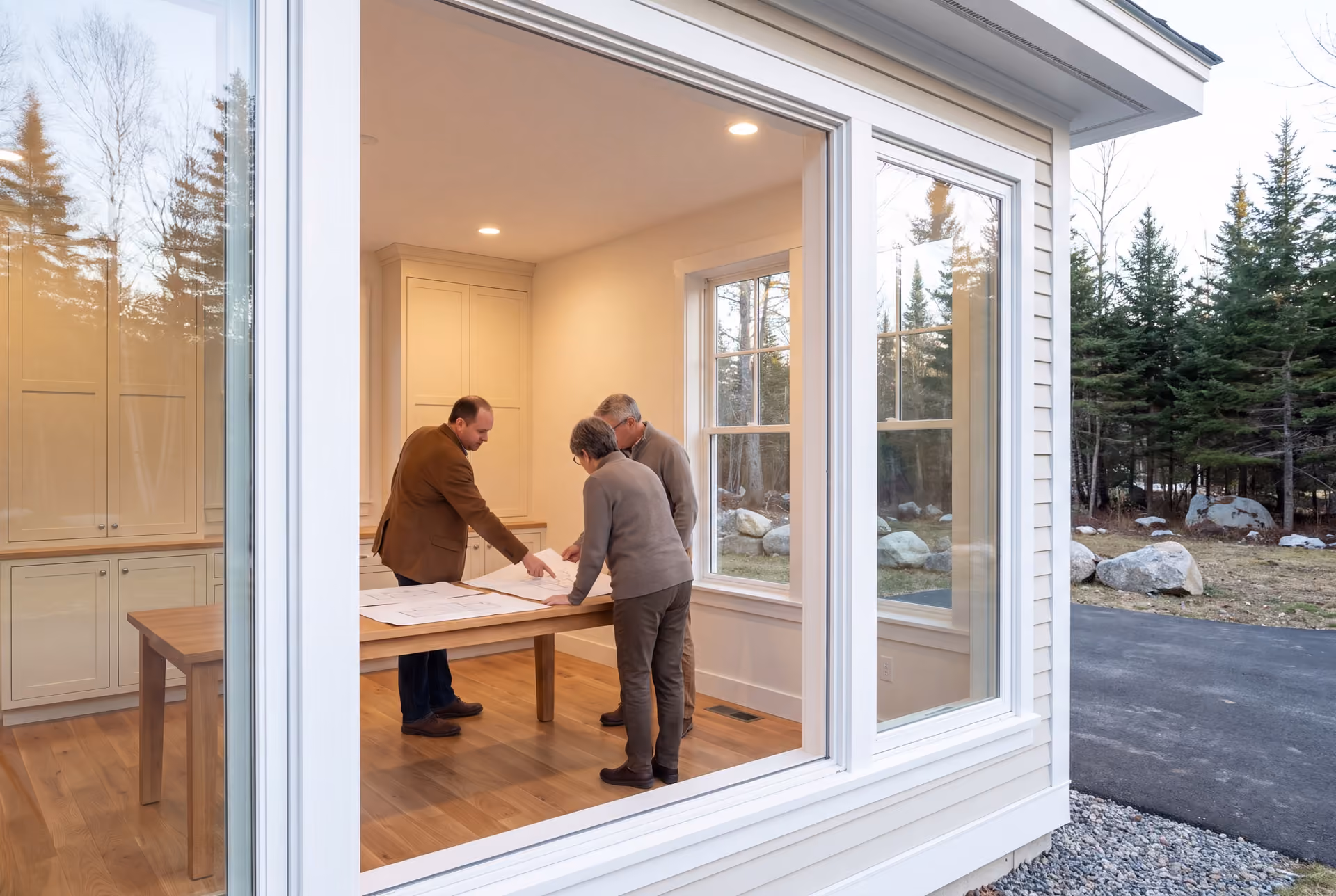 house plans and design in Saco, ME: illustrative scene, Three people, a builder and two homeowners, review floor plans on a table in a finished living room with oak floors and ivory cabinets