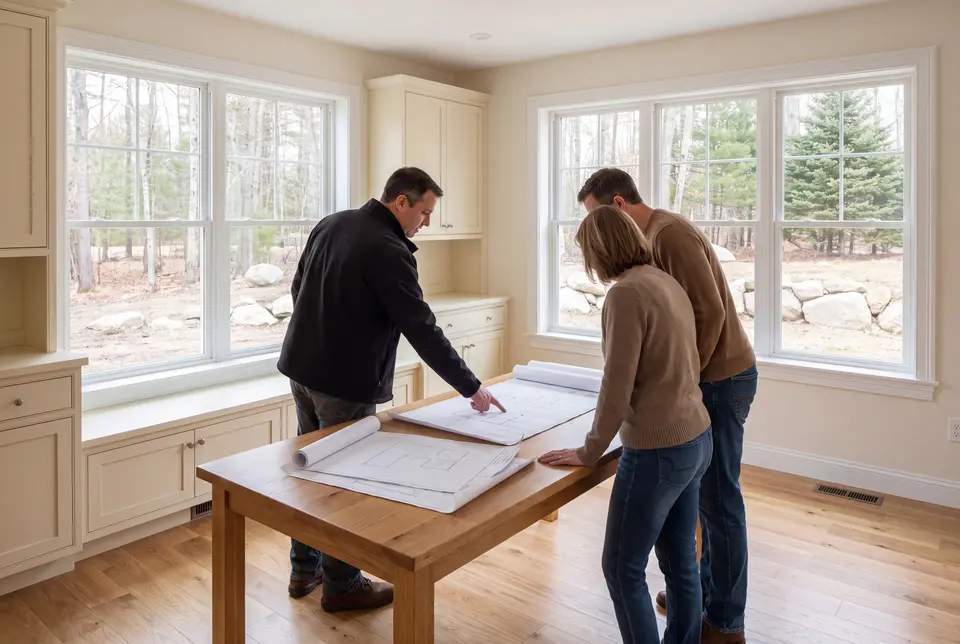 Illustration: Three people, a man and two others, reviewing blueprints on an oak table in a finished room with ivory cabinets and oak floors