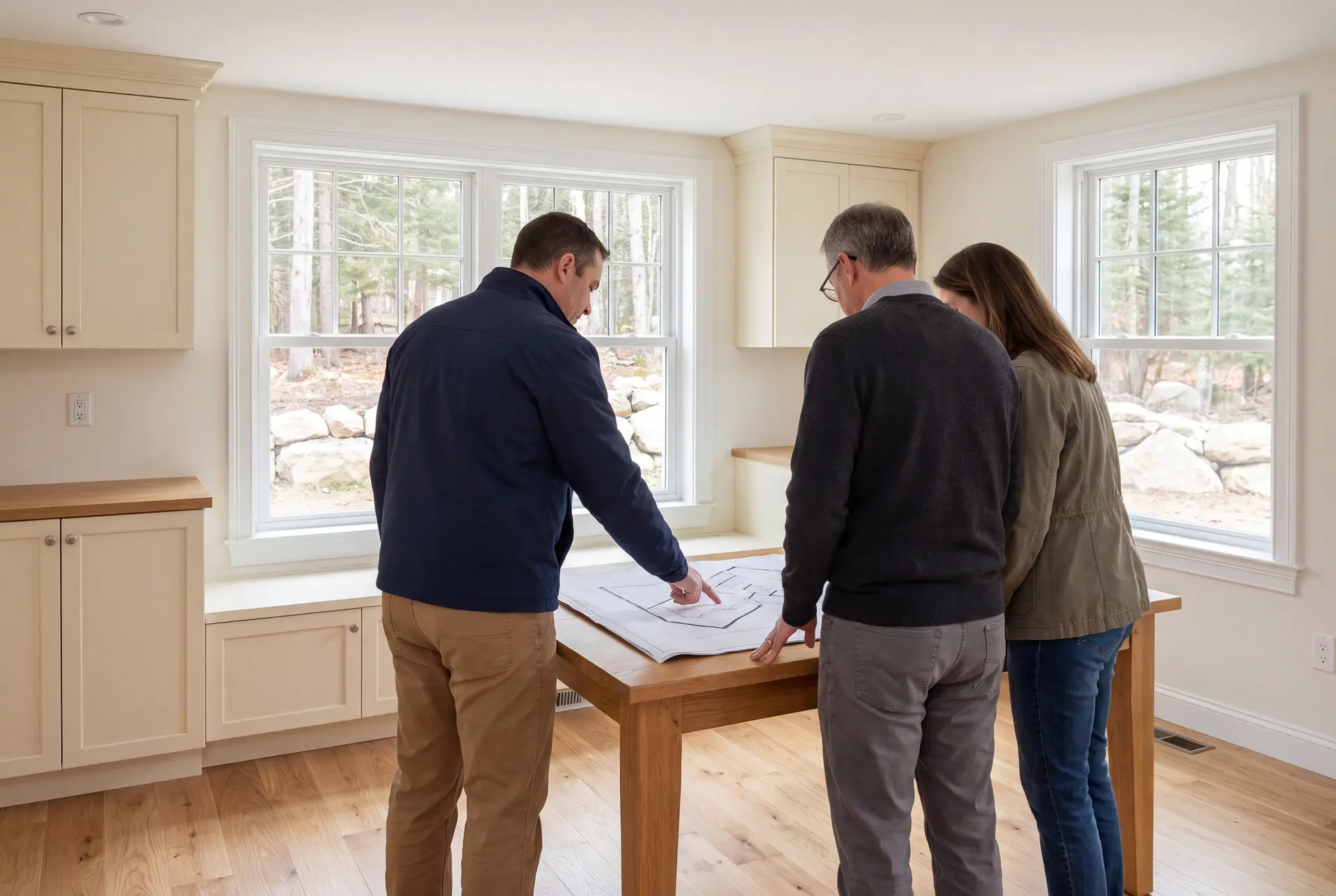 Illustration: Three people, a builder and two homeowners, review floor plans on an oak table in a finished living room with ivory cabinets and oak floors