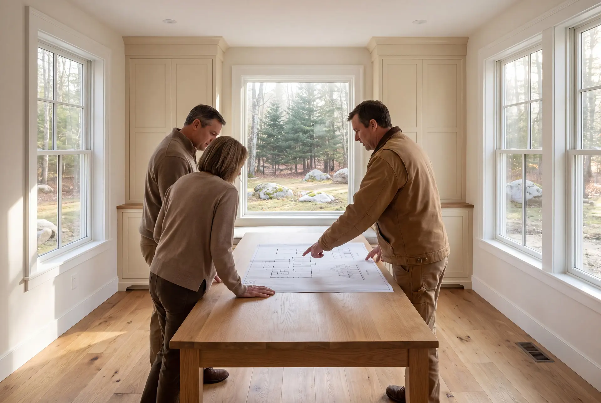 Illustration: Three people, a builder and two homeowners, reviewing architectural drawings on a table in a finished living room with large windows overlooking a wooded area