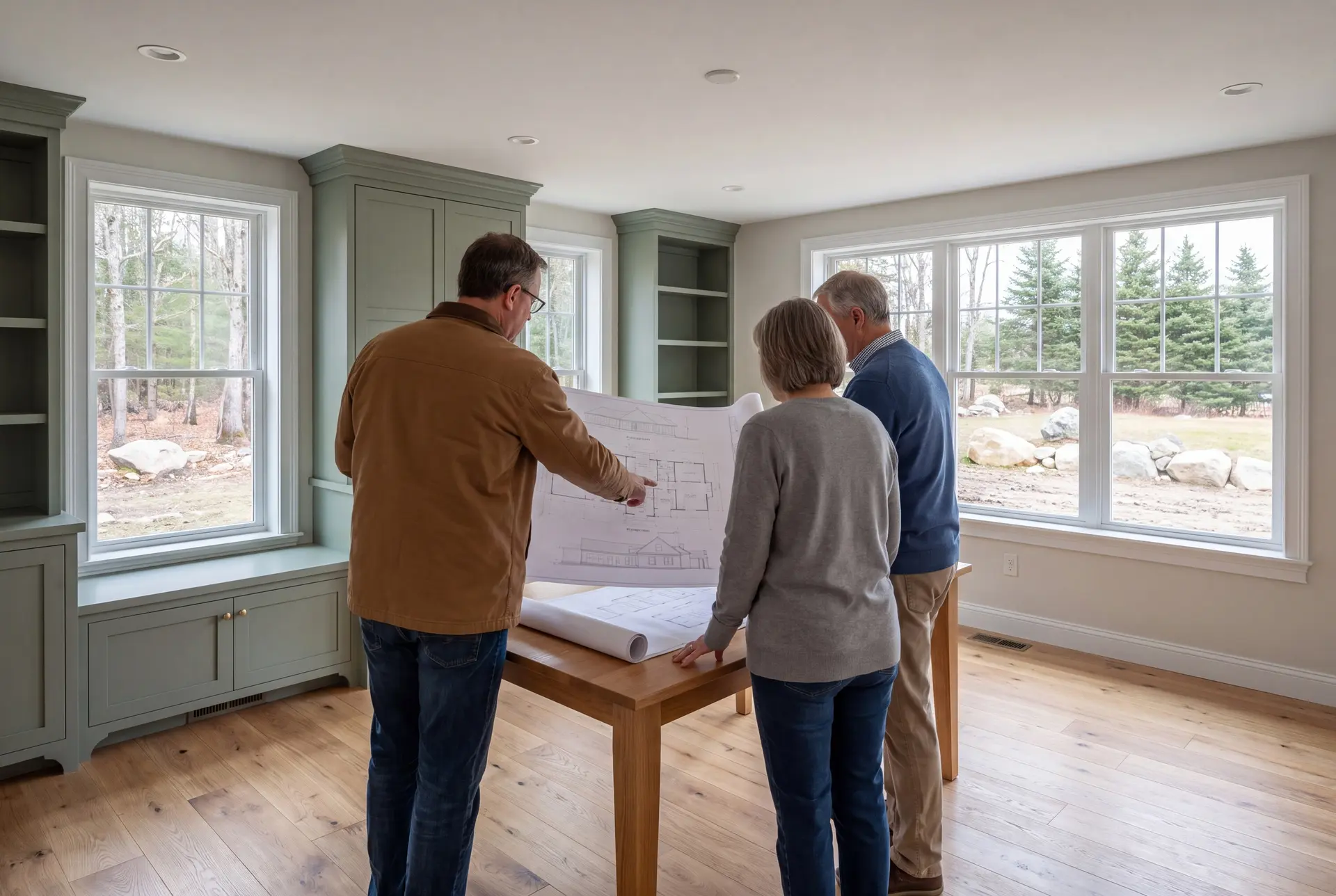 Illustration: Three people, a builder and two homeowners, review architectural drawings on a table in a finished living room with sage green cabinets and oak floors