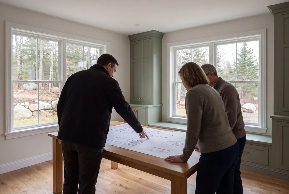 house plans and design in Sanford, ME: illustrative scene, Three people, a man and two homeowners, are looking at architectural drawings on a wooden table in a finished living room with sage green cabinets and oak floors
