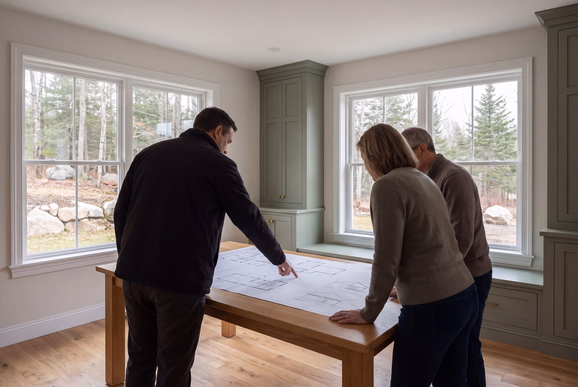 house plans and design in Sanford, ME: illustrative scene, Three people, a man and two homeowners, are looking at architectural drawings on a wooden table in a finished living room with sage green cabinets and oak floors
