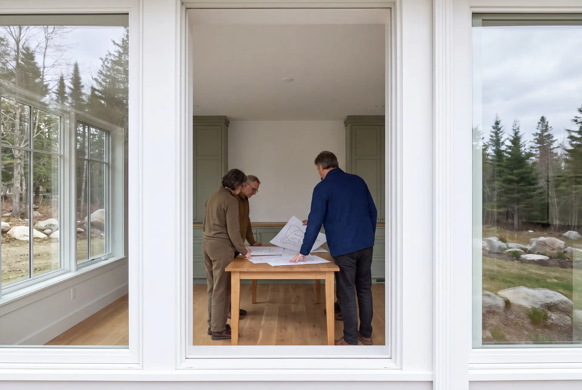 Illustration: Three adults, a builder and two homeowners, review abstract floor-plan and elevation line drawings on a plain oak table in a finished living room with sage green cabinetry, white-trimmed windows, and new oak floors
