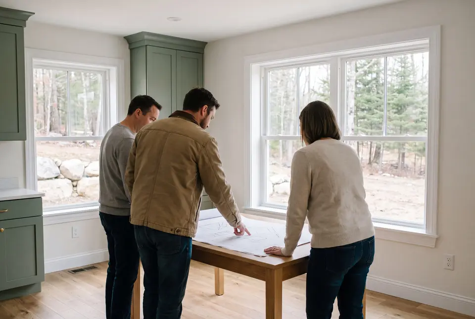 Illustration: Three people, a builder and two homeowners, review floor plans on a table in a finished living room with sage green cabinets and oak floors