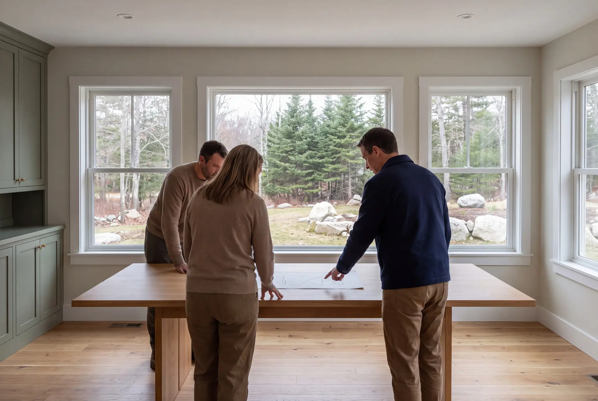 Illustration: Three people, two men and one woman, stand around a wooden table in a modern living room with large windows, looking at architectural drawings