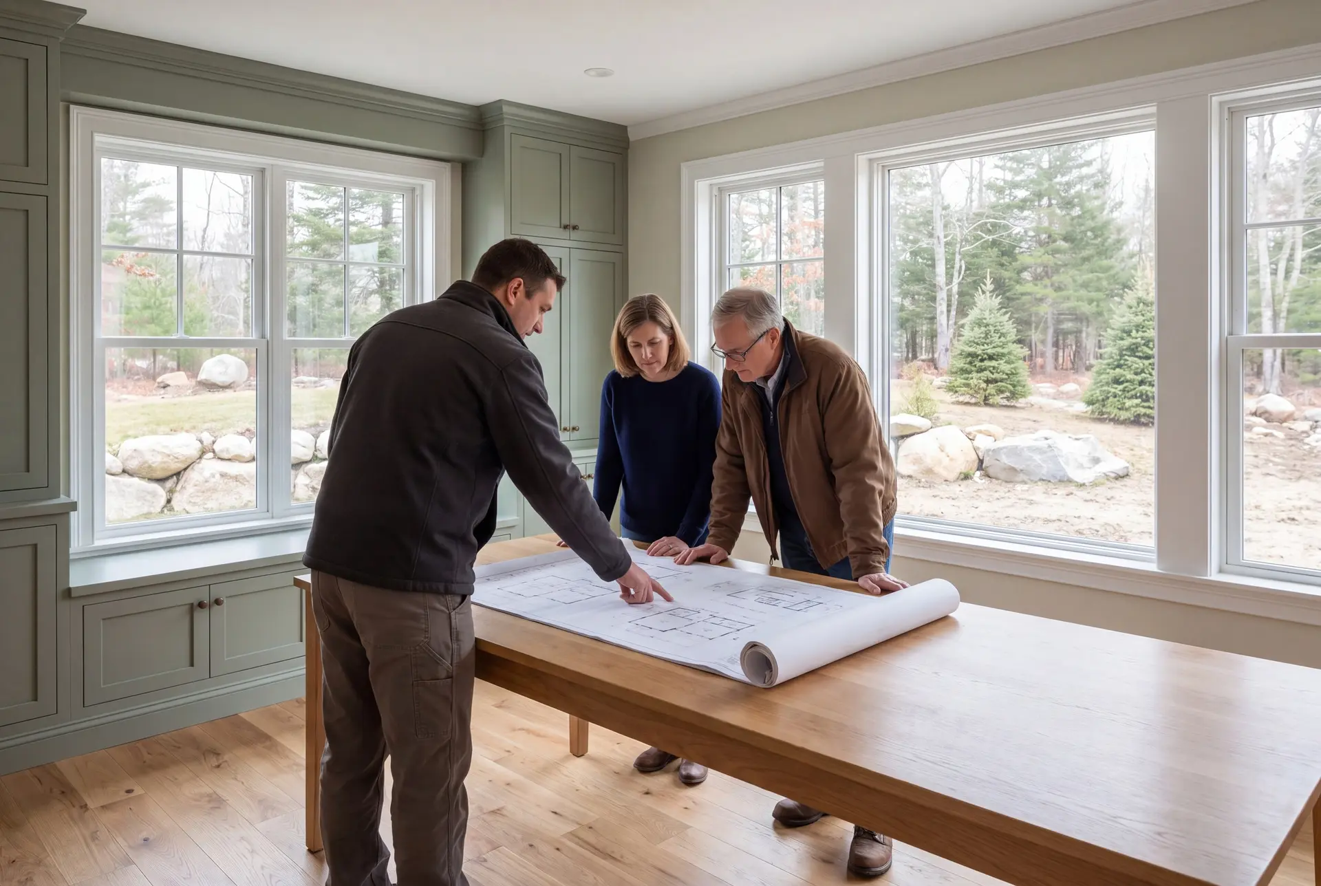 Illustration: Three people, a builder and two homeowners, reviewing blueprints on a table in a finished living room with sage green cabinets and oak floors