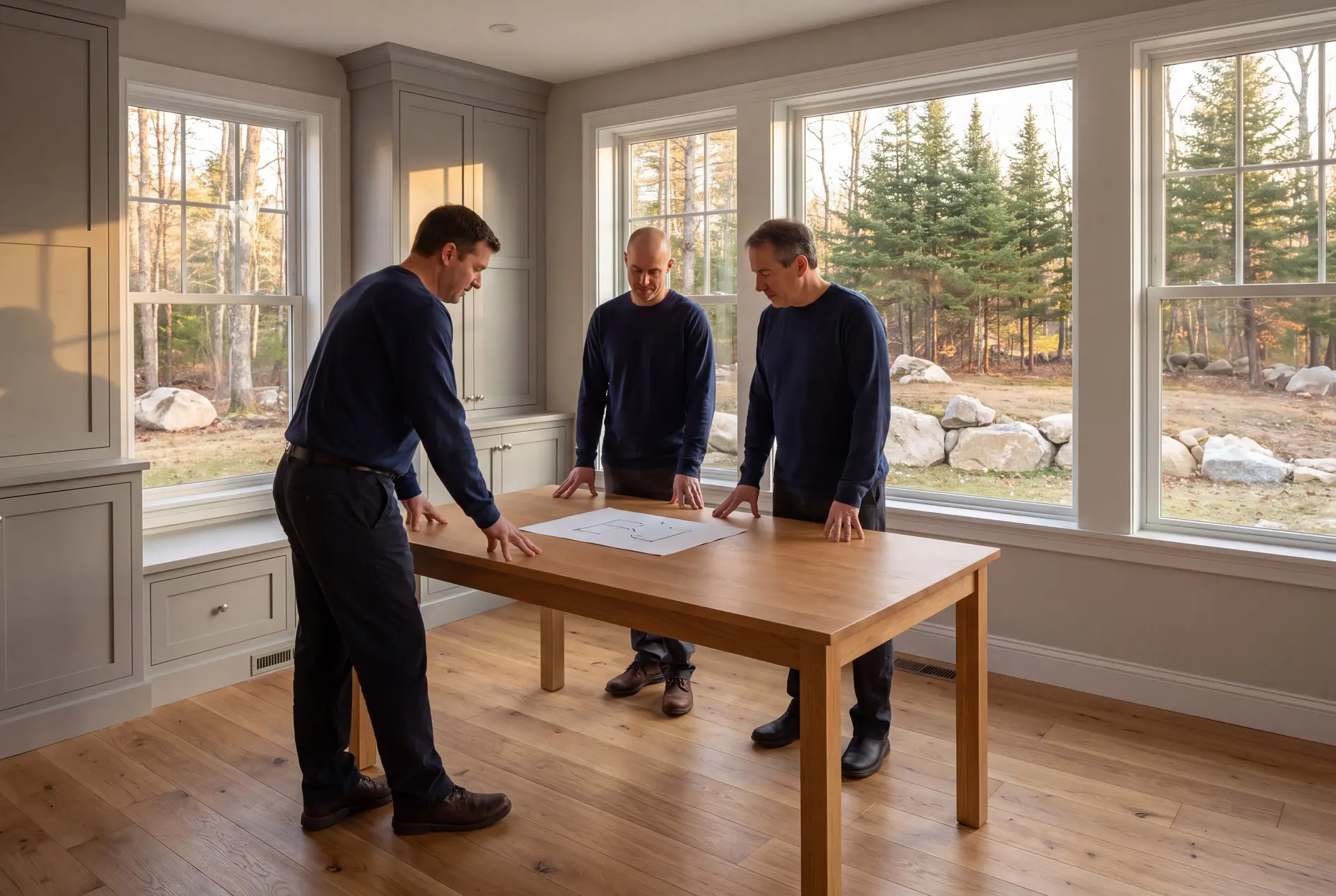 Illustration: Three men in navy shirts and dark trousers stand around a wooden table with a blueprint on it, in a room with large windows overlooking a natural landscape