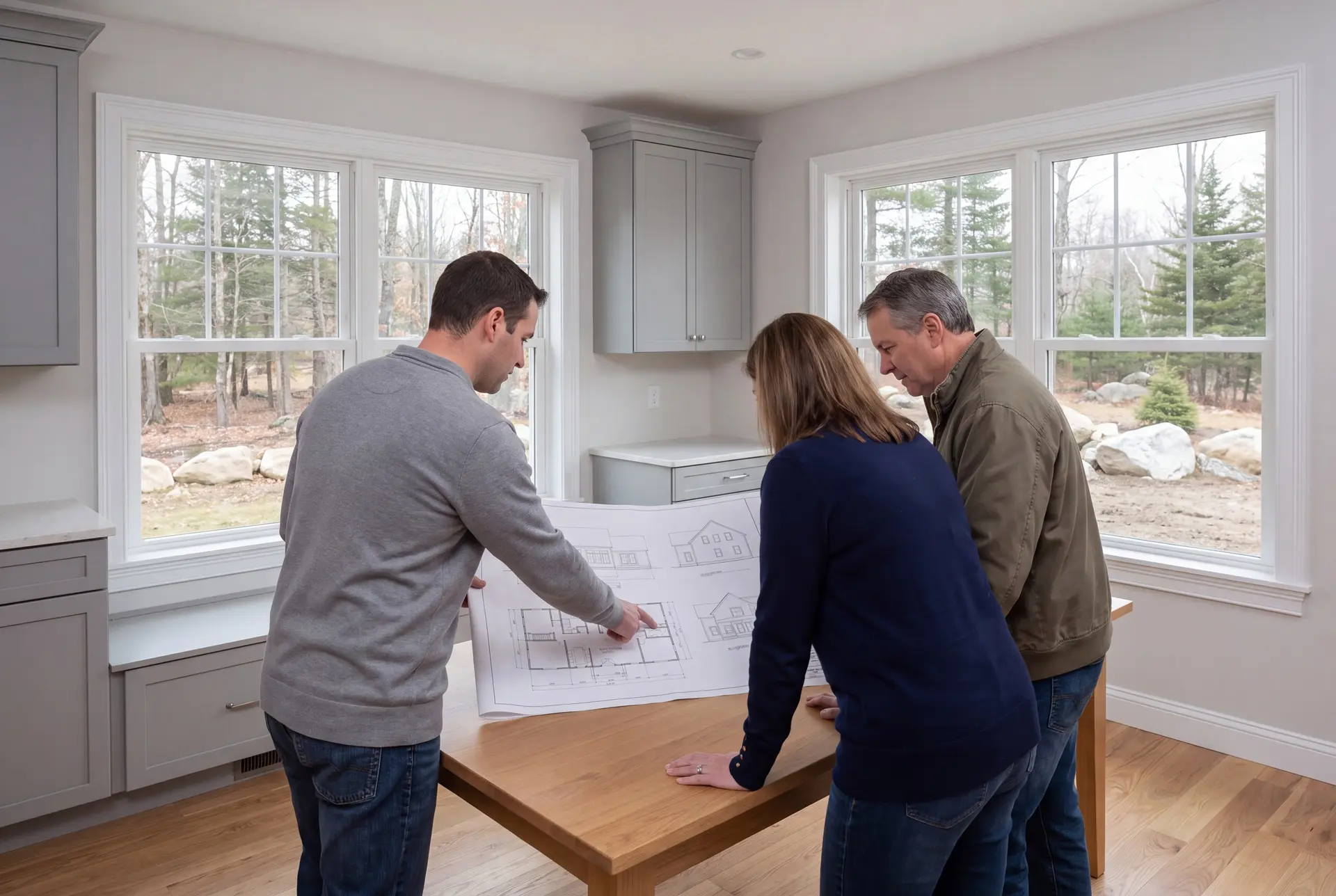 Illustration: Three people, a builder and two homeowners, review architectural drawings on an oak table in a finished living room with gray cabinets and oak floors