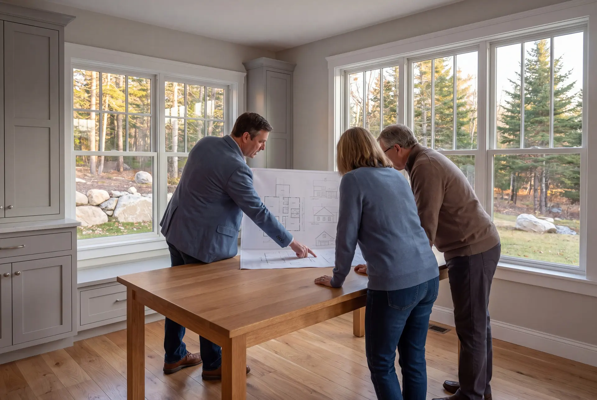 Illustration: Three people, a builder and two homeowners, reviewing architectural drawings on an oak table in a finished living room with gray cabinets, white windows, and oak floors
