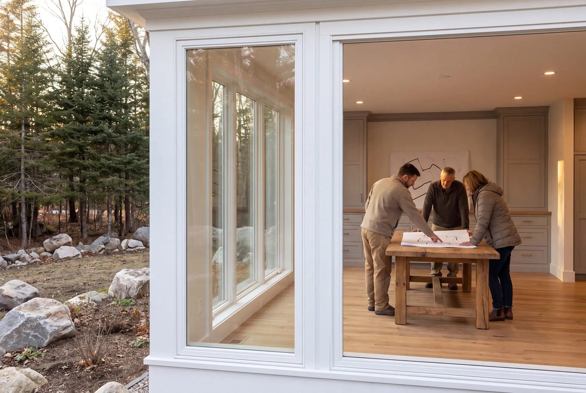 Illustration: Three people, a builder and two homeowners, review blueprints on a table in a finished living room with gray cabinets and oak floors, viewed through a large window