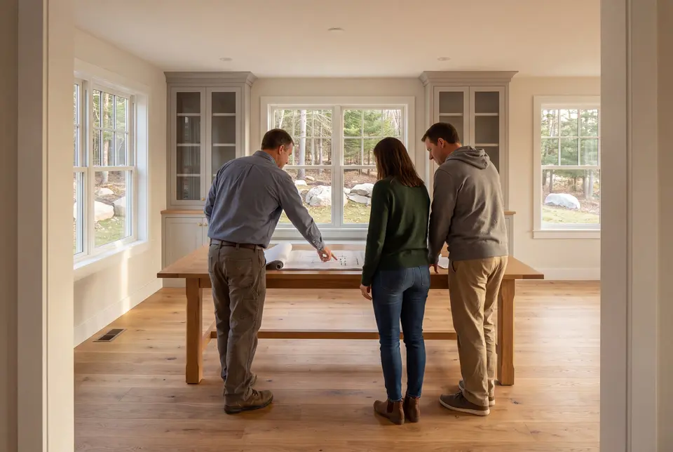 Illustration: Three people, a builder and two homeowners, reviewing architectural drawings on a table in a finished living room with oak floors and gray cabinetry
