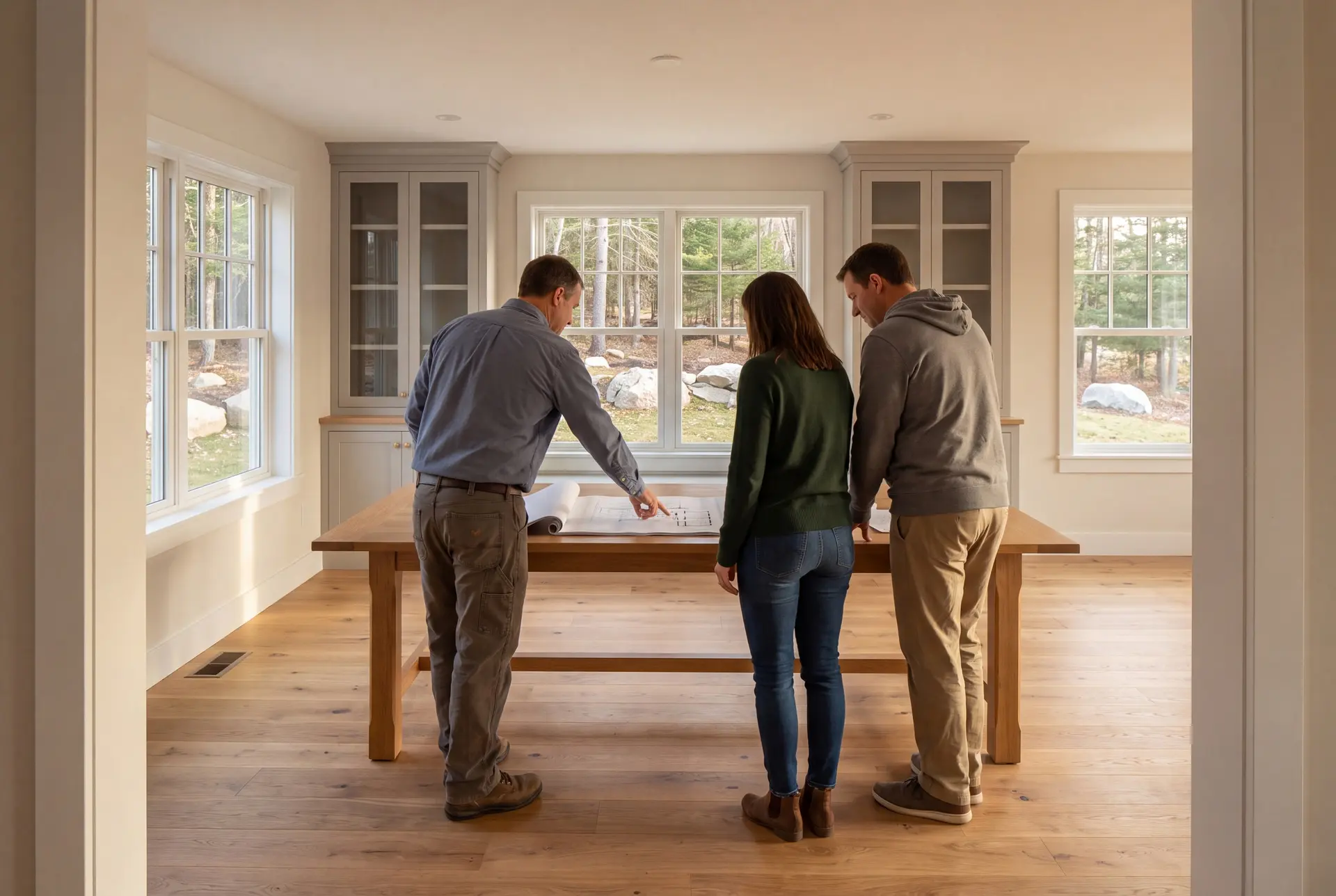 Illustration: Three people, a builder and two homeowners, reviewing architectural drawings on a table in a finished living room with oak floors and gray cabinetry