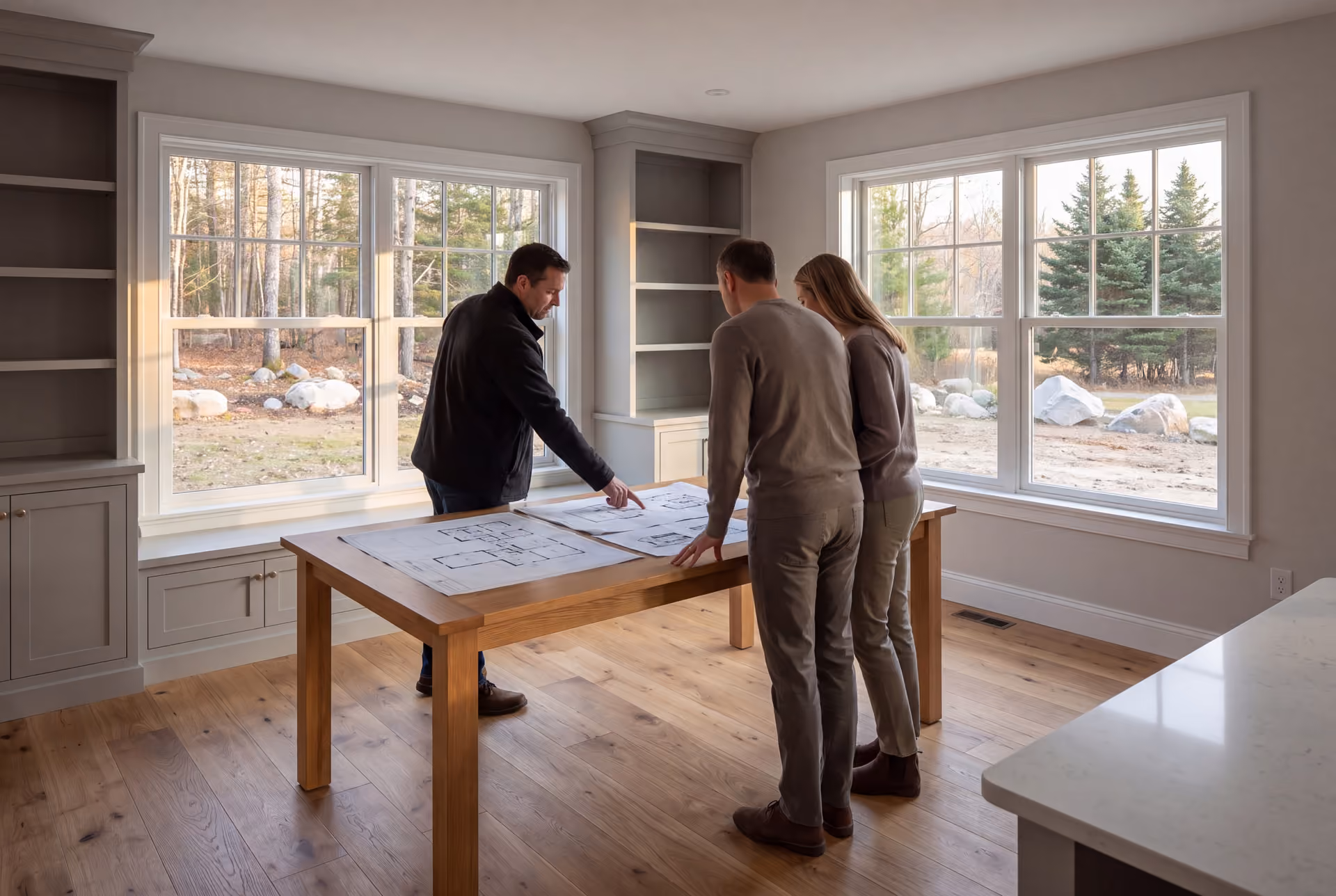house plans and design in Scarborough, ME: illustrative scene, Three people, a man and a couple, reviewing architectural plans on a wooden table in a bright, finished living room with large windows