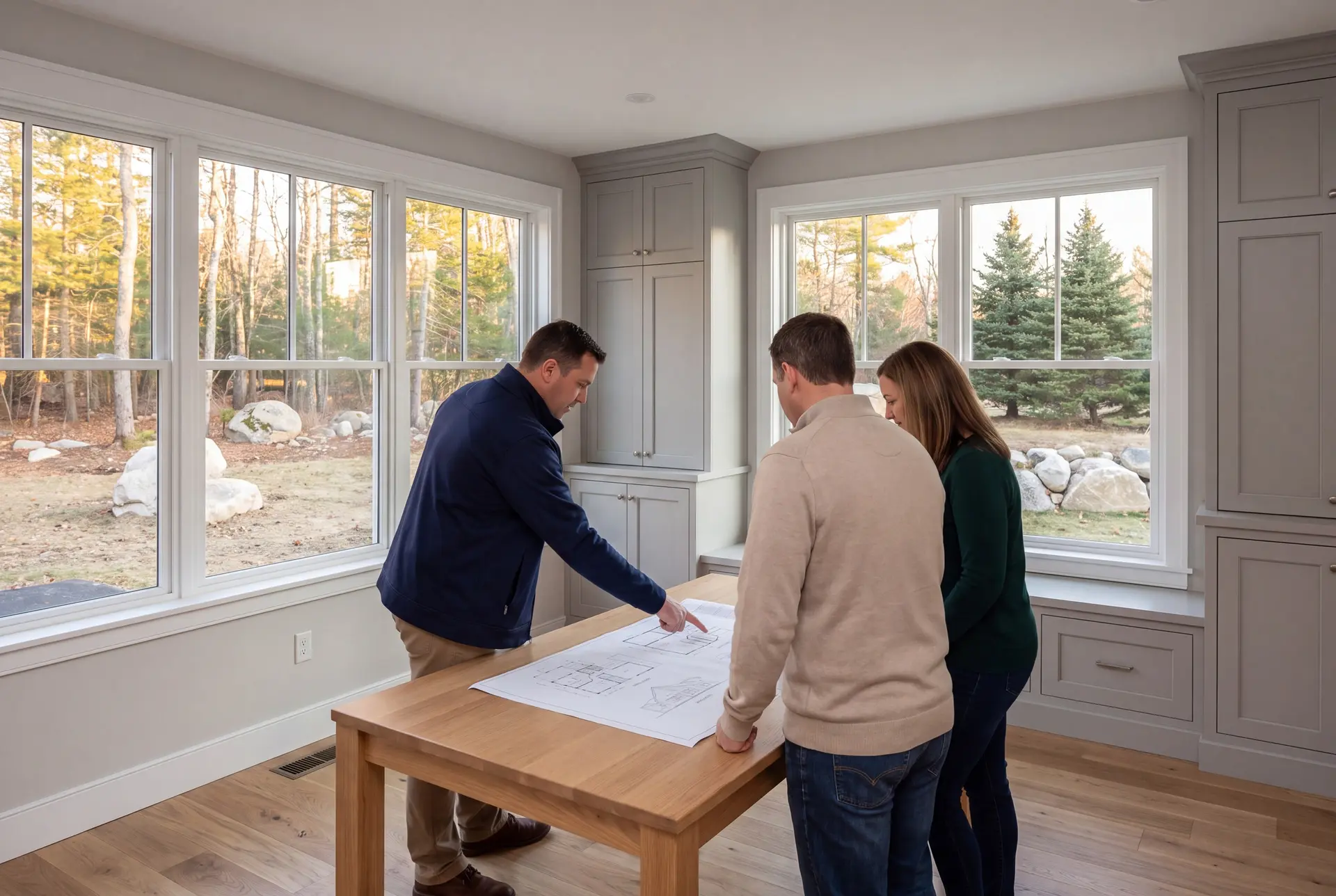 Illustration: Three people, a man pointing at blueprints on a table, with two others looking on, in a finished room with large windows and gray cabinets