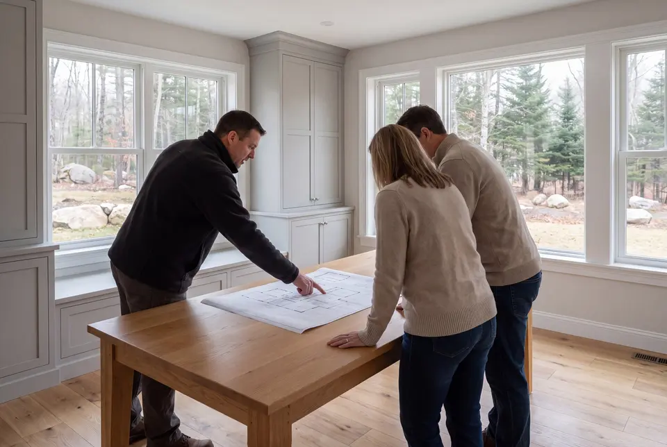 Illustration: Three people, a man and a couple, reviewing a floor plan on a wooden table in a finished living room with large windows and light gray cabinetry