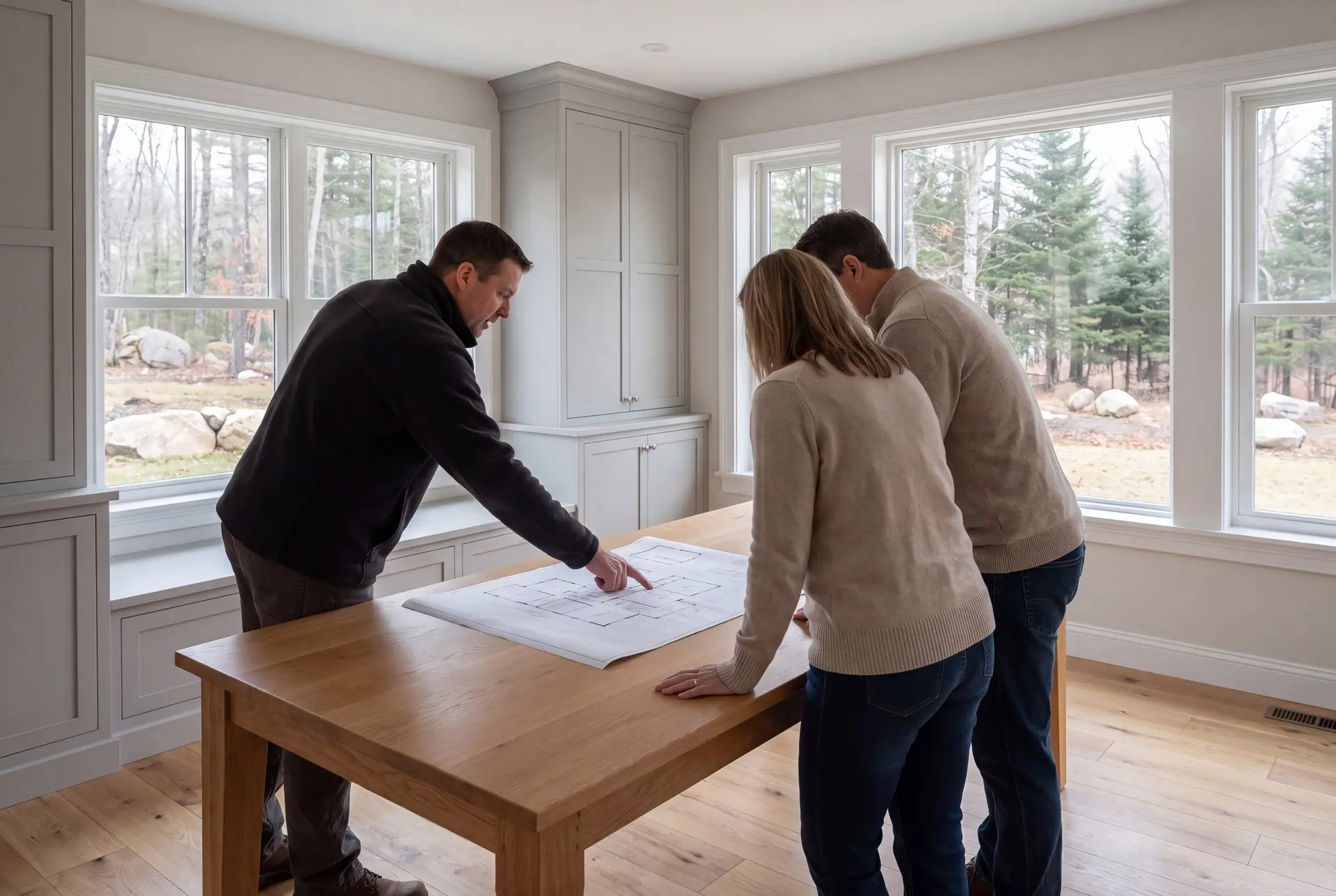 Illustration: Three people, a man and a couple, reviewing a floor plan on a wooden table in a finished living room with large windows and light gray cabinetry