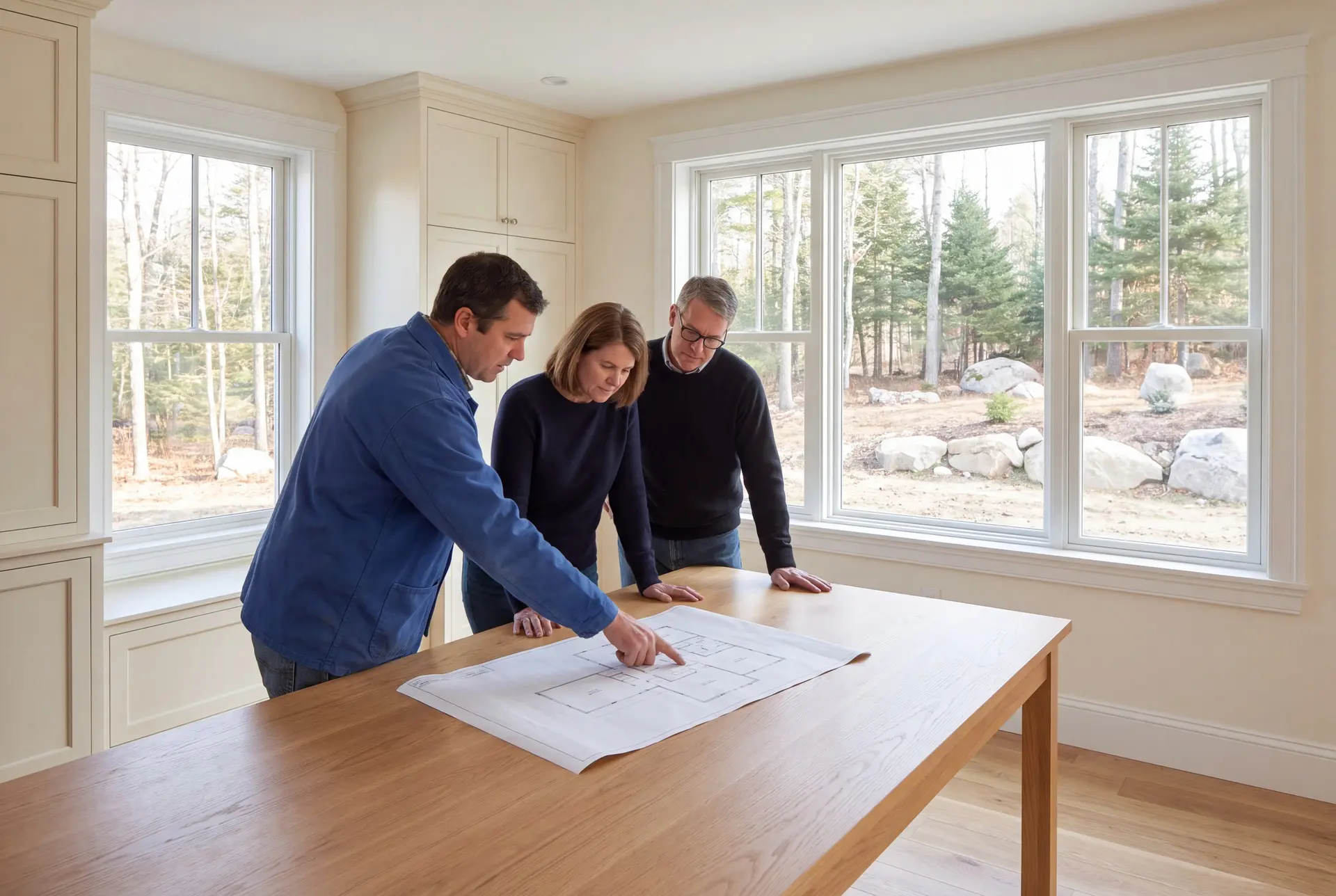 Illustration: Three people, a builder and two homeowners, reviewing a floor plan on a table in a finished living room