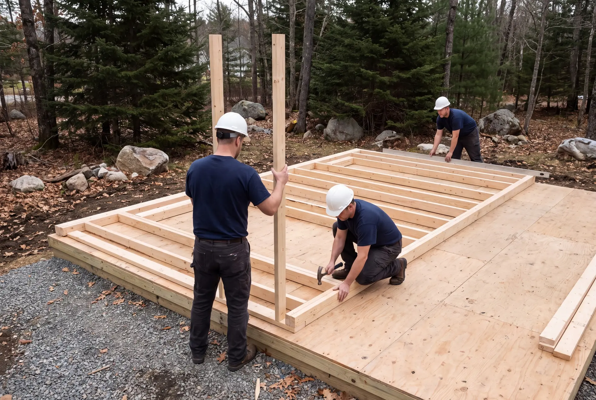 Illustration: Three carpenters in hard hats and work clothes assemble a wooden wall frame on a plywood floor platform outdoors