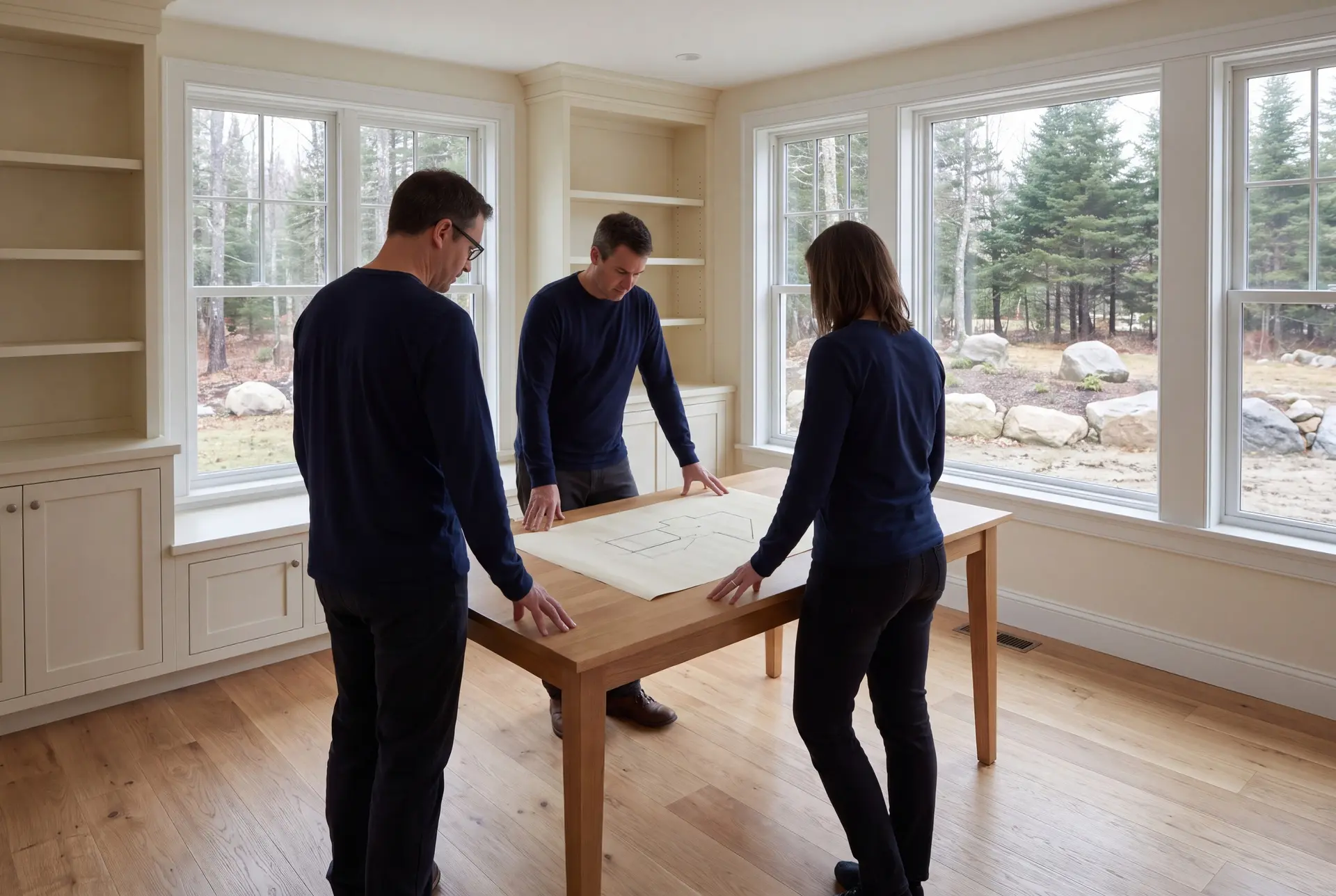 Illustration: Three people in navy shirts and dark pants stand around a light wood table with architectural plans in a room with large windows and built-in shelves