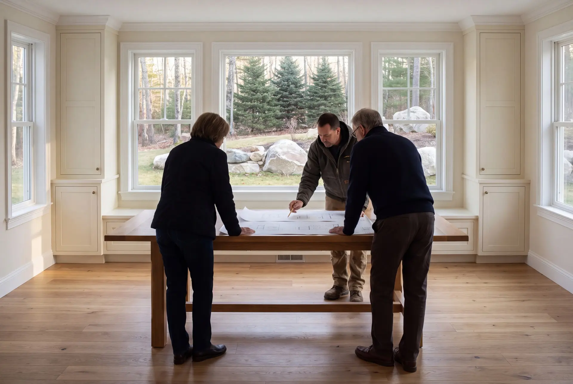 Illustration: Three people, a builder and two homeowners, reviewing architectural drawings on a table in a finished living room with oak floors and large windows