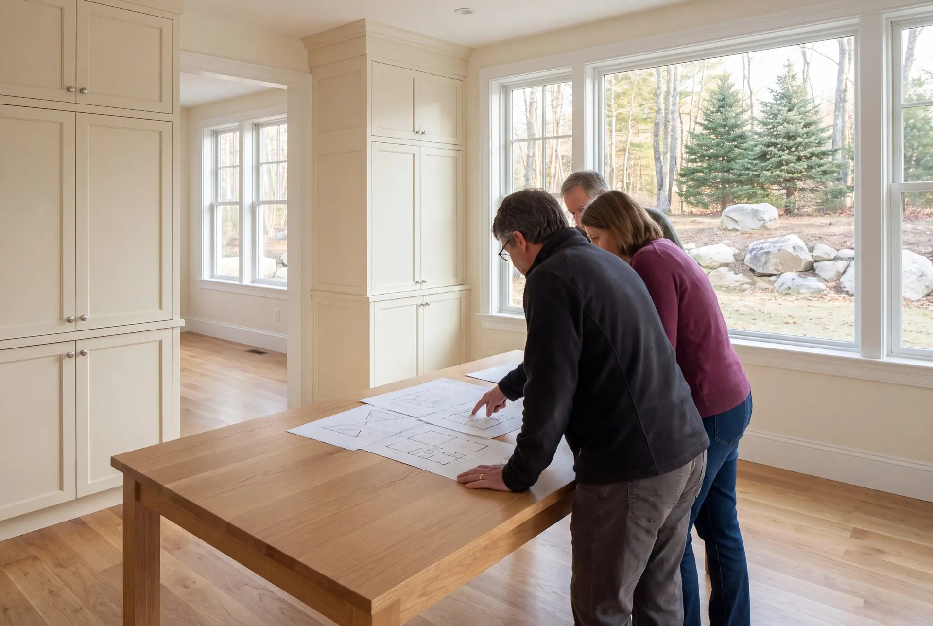 Illustration: Three people, a builder and two homeowners, are reviewing architectural drawings on a table in a finished living room with large windows overlooking a natural landscape