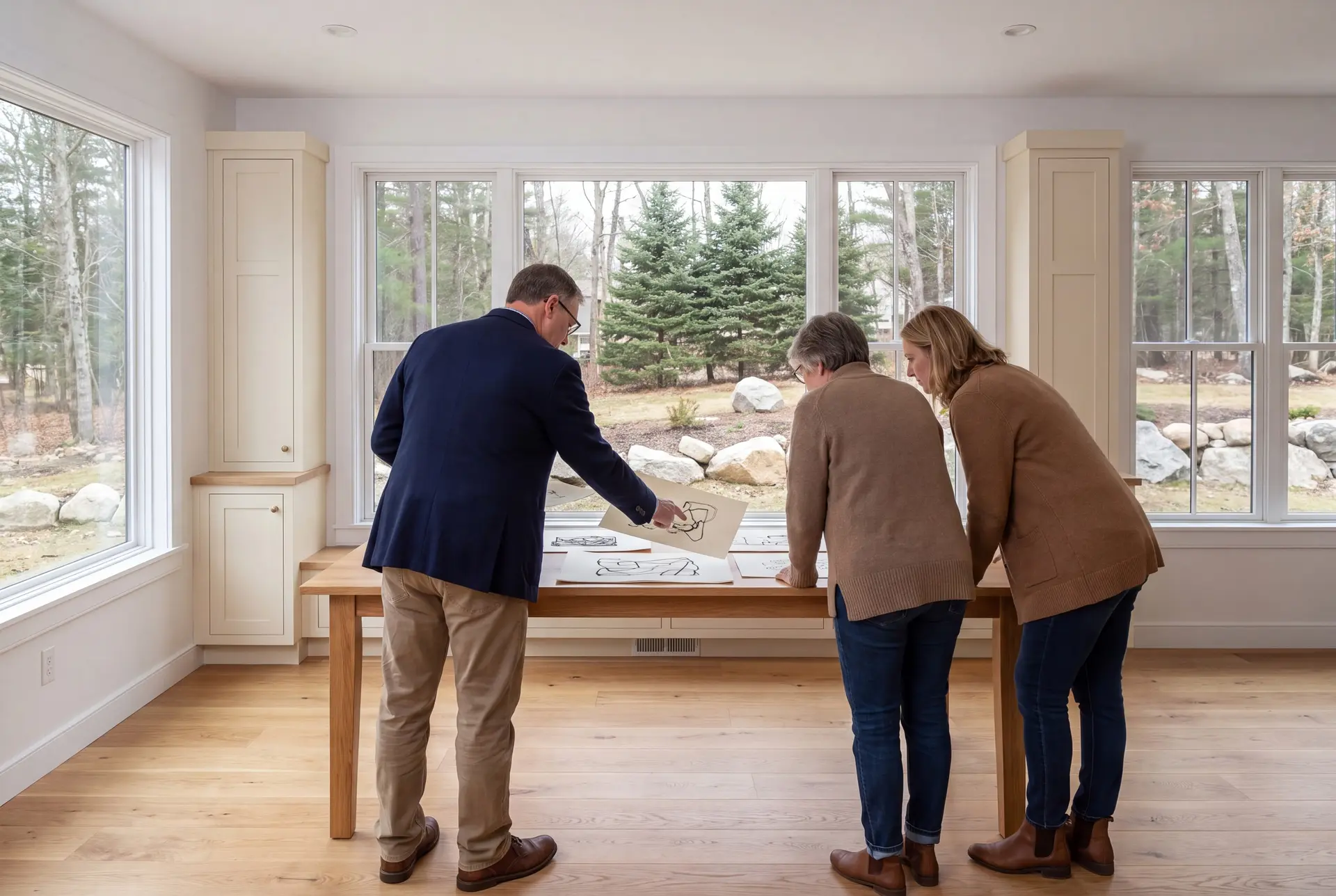 Illustration: Three people, a man and two women, stand around a wooden table in a well-lit room with large windows, looking at drawings. The man points to one of the drawings