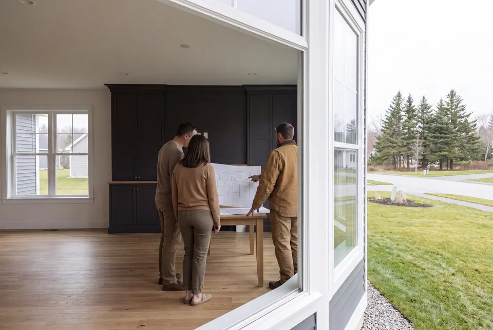 Illustration: Three people, seen from behind, reviewing a floor plan on a table in a modern living room with dark cabinetry and oak floors