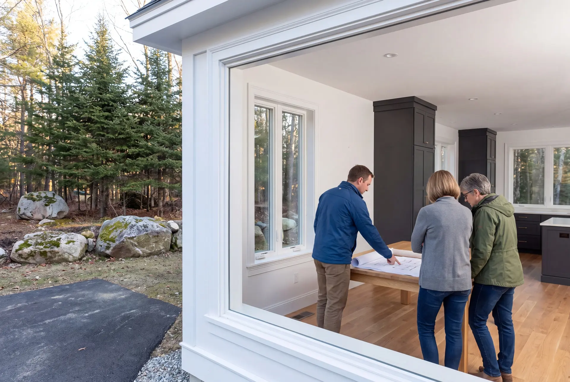 Illustration: Three people, a man and two women, review blueprints on an oak table in a modern living room with dark cabinetry and oak floors, looking out onto a wooded landscape