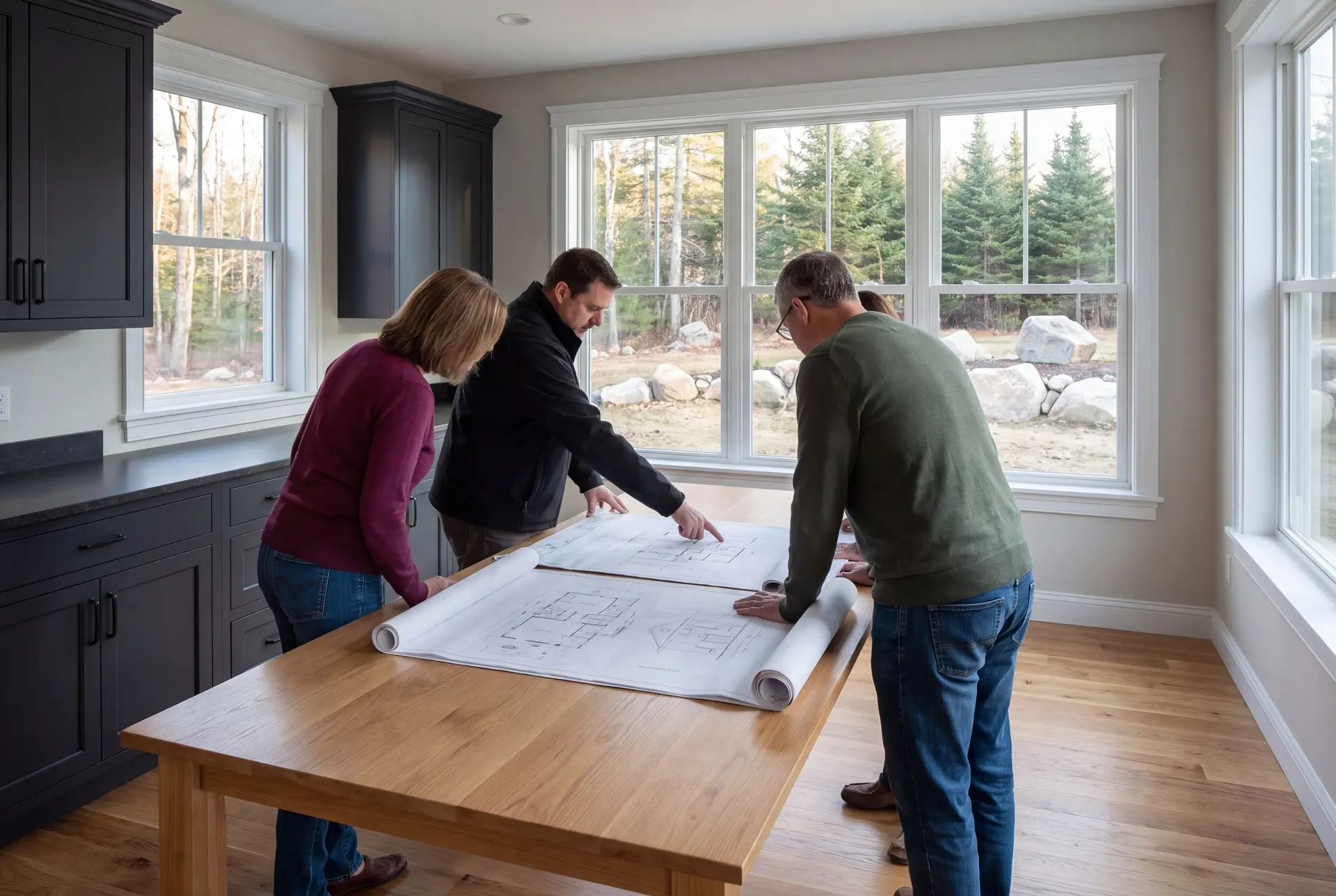 Illustration: Three people, a man in a black jacket, a woman in a maroon sweater, and a man in a green sweater, stand around a wooden table reviewing blueprints in a room with dark cabinets, white windows, and wood floors