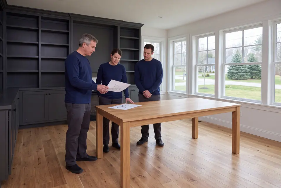Illustration: Three people in navy shirts and dark pants stand around a light wood table in a room with dark built-in shelves and large windows, looking at architectural drawings