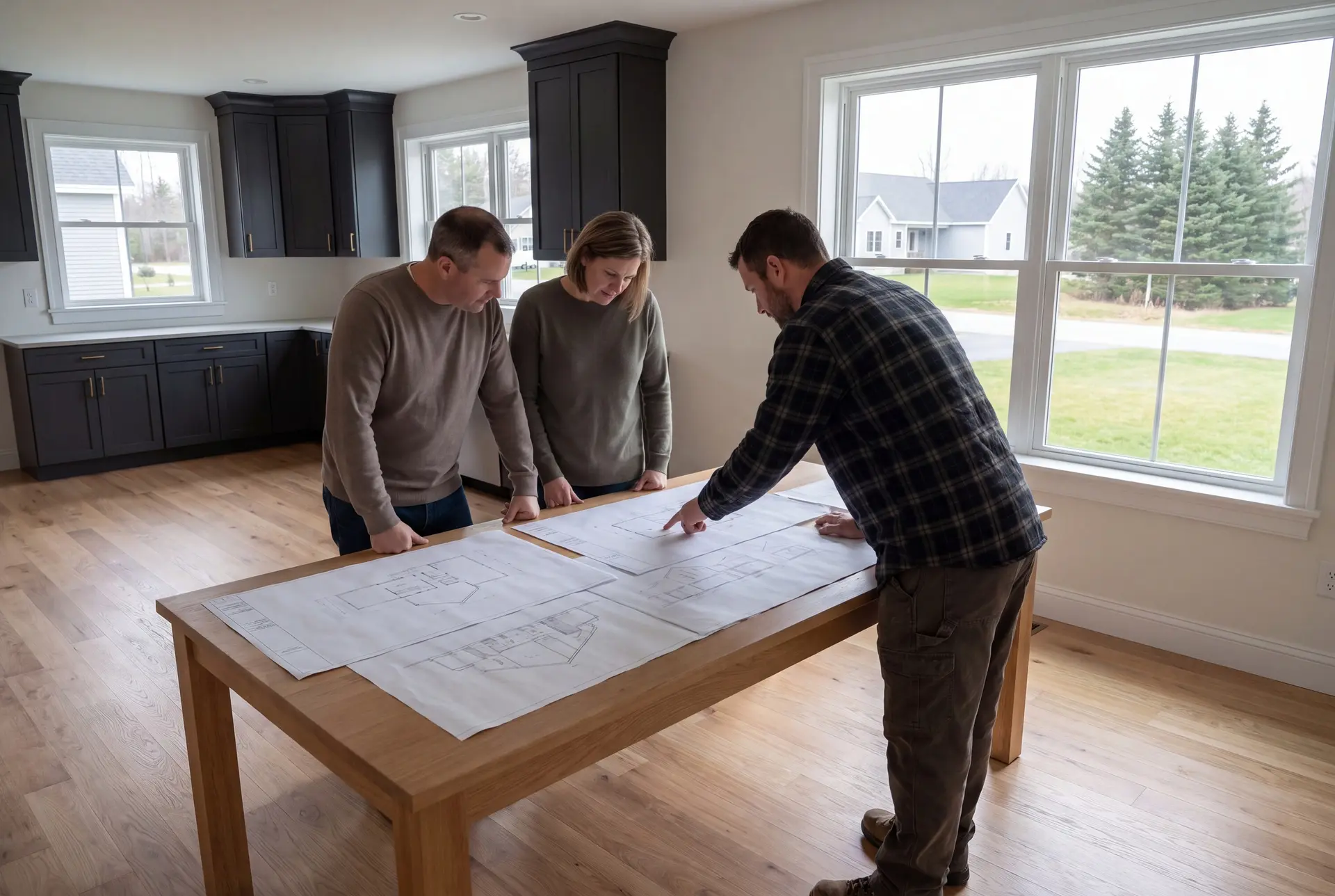 Illustration: Three people, a builder and two homeowners, reviewing floor plans on a table in a new living room with dark cabinetry and oak floors