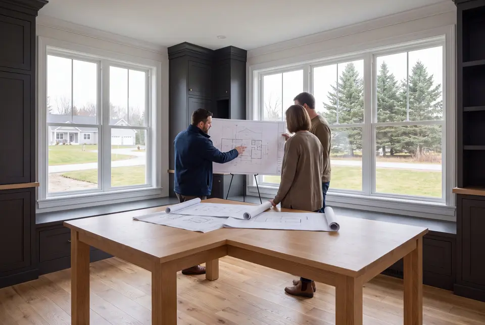 Illustration: Three people, a builder and two homeowners, reviewing architectural plans on a table in a finished living room with dark cabinetry and oak floors
