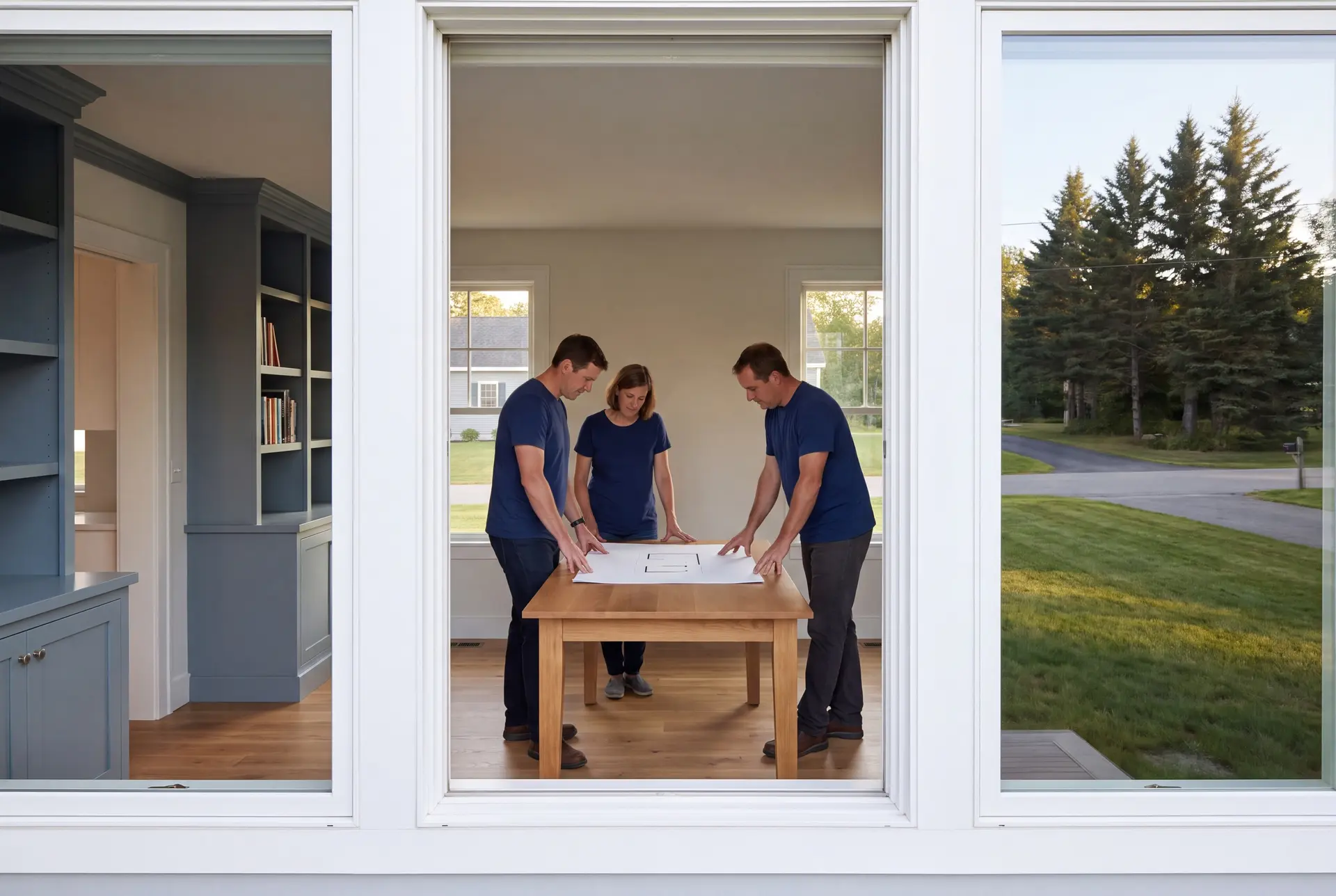 Illustration: Three people in navy shirts and dark pants stand around a wooden table looking at a blueprint, inside a room with blue-gray built-in shelves and oak floors, viewed through a large window