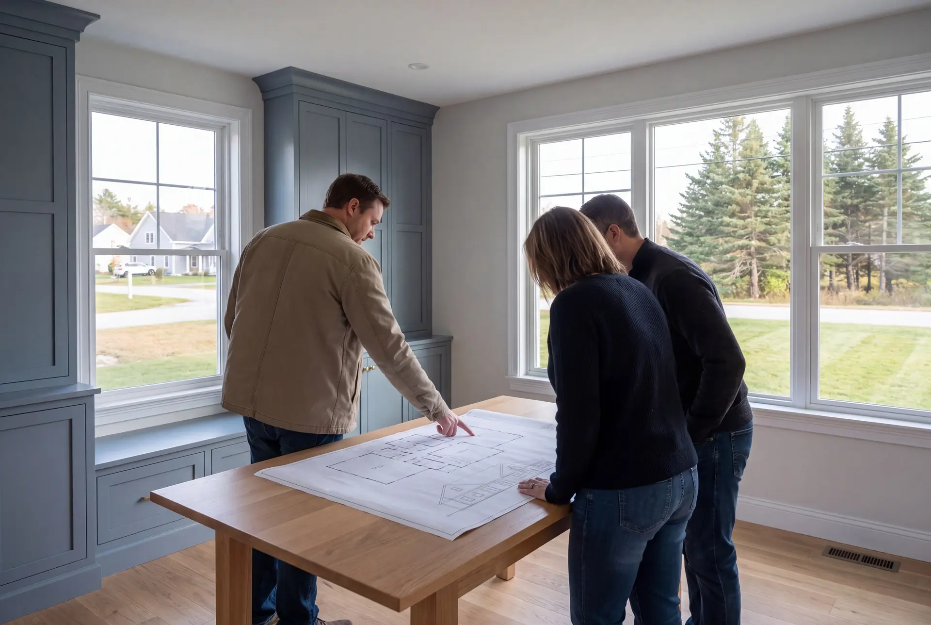 Illustration: Three adults, a builder and two homeowners, reviewing architectural drawings on an oak table in a finished living room with blue-gray cabinetry and oak floors