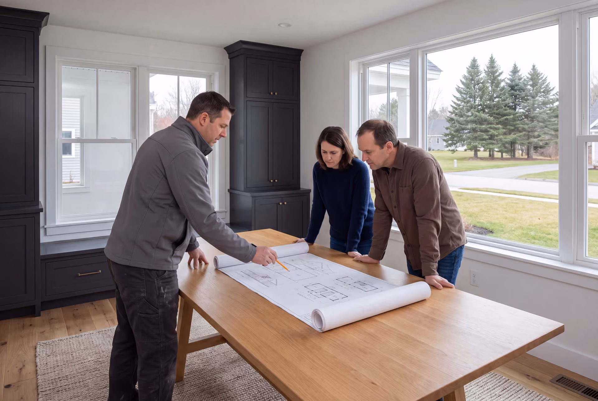 house plans and design in Westbrook, ME: illustrative scene, Three people, a builder and two homeowners, reviewing blueprints on a table in a finished living room with dark cabinetry and oak floors