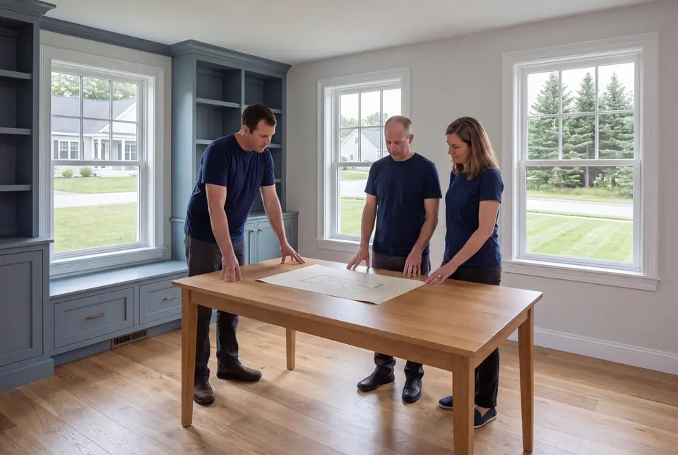 Illustration: Three people in navy shirts and dark pants stand around a light wood table, looking at a blueprint. The room has blue-gray built-in cabinets, light wood floors, and white-trimmed windows