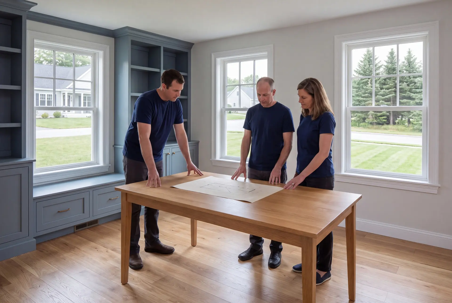 Illustration: Three people in navy shirts and dark pants stand around a light wood table, looking at a blueprint. The room has blue-gray built-in cabinets, light wood floors, and white-trimmed windows