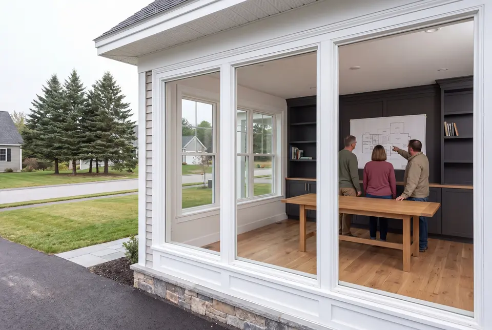 Illustration: Three people, seen from behind, reviewing a floor plan on a wall in a finished living room with oak floors and dark cabinetry, viewed through large windows from outside
