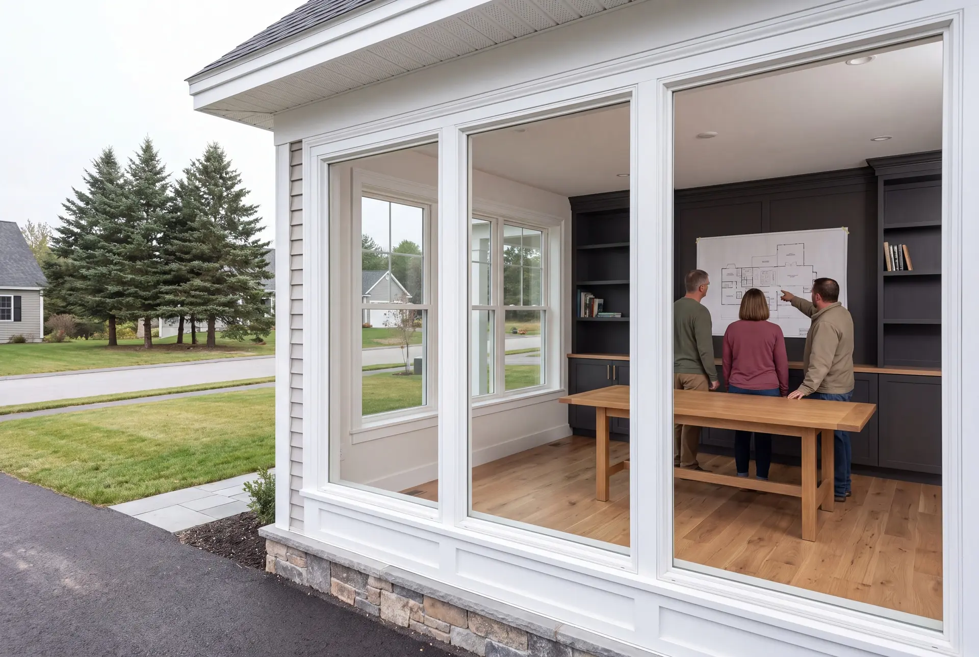 Illustration: Three people, seen from behind, reviewing a floor plan on a wall in a finished living room with oak floors and dark cabinetry, viewed through large windows from outside